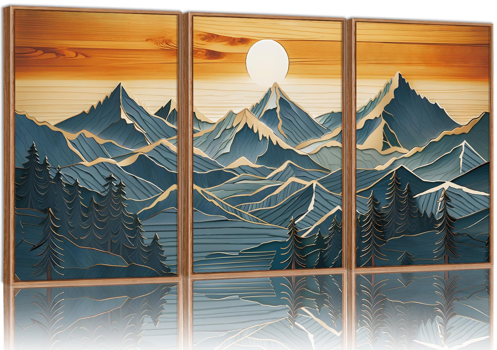 Photo 1 of Tinonedraw Large Mountains Framed Canvas Wall Art Set of 3, Boho Nature Woodcut Forest Art Prints, Mid Century Modern Wall Decor, Sunset Landscape Art Paintings for Living Room Bedroom Office 24"x36"