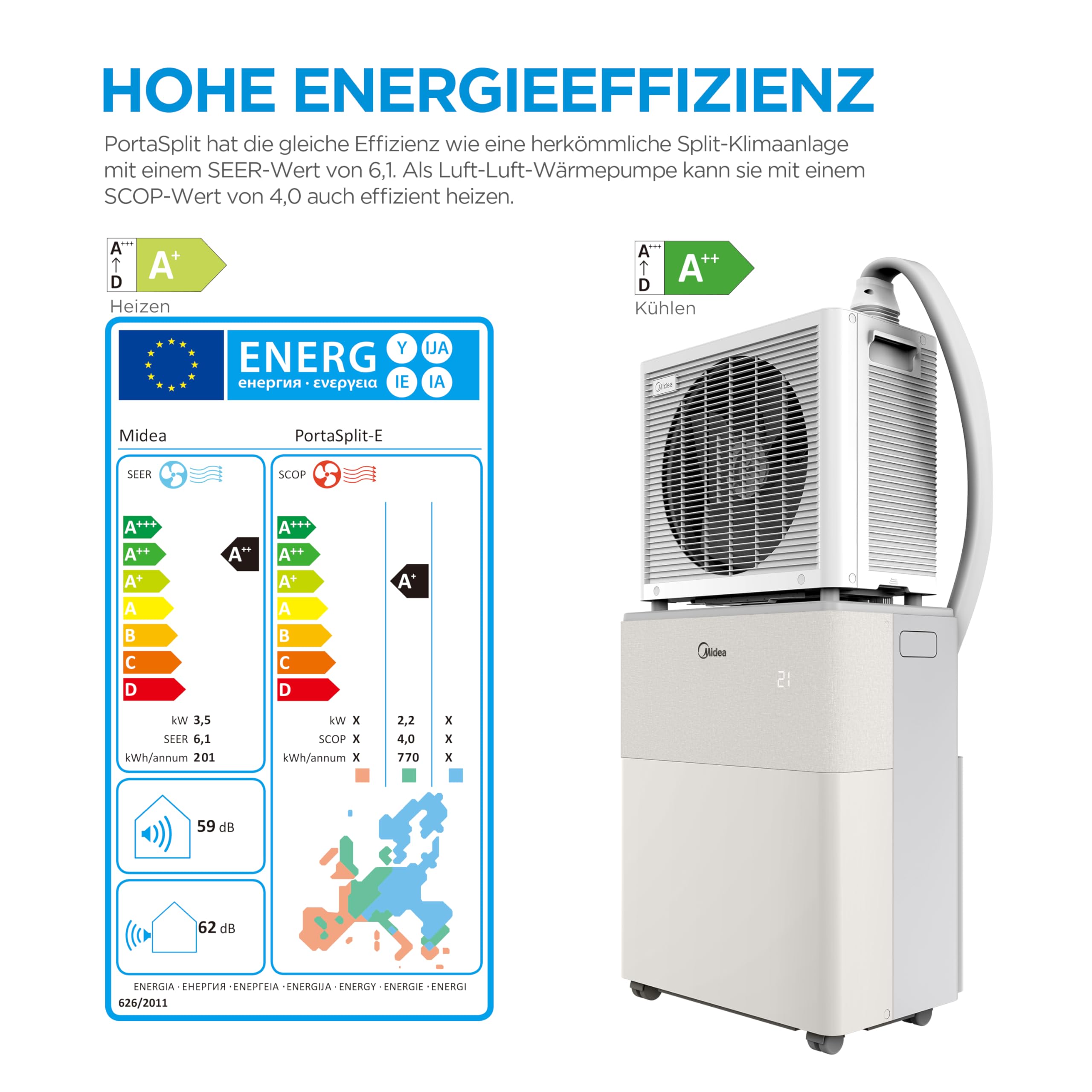 Midea PortaSplit-E Mobile Klimaanlage 12000 BTU 3,5kW Mini-Split A++ 42 m² 39 dB(A) Silent