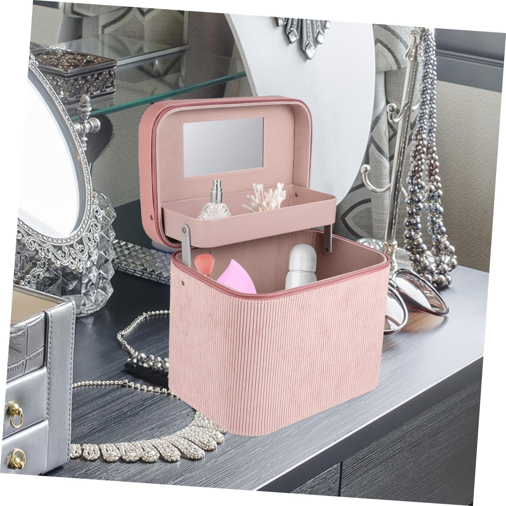 Borsa Toilette Donna da Viaggio in Velluto a Coste Rosa con Doppio Strato e Specchio Portatile per Conservare Cosmetici e Organizzare Trucchi con Stile