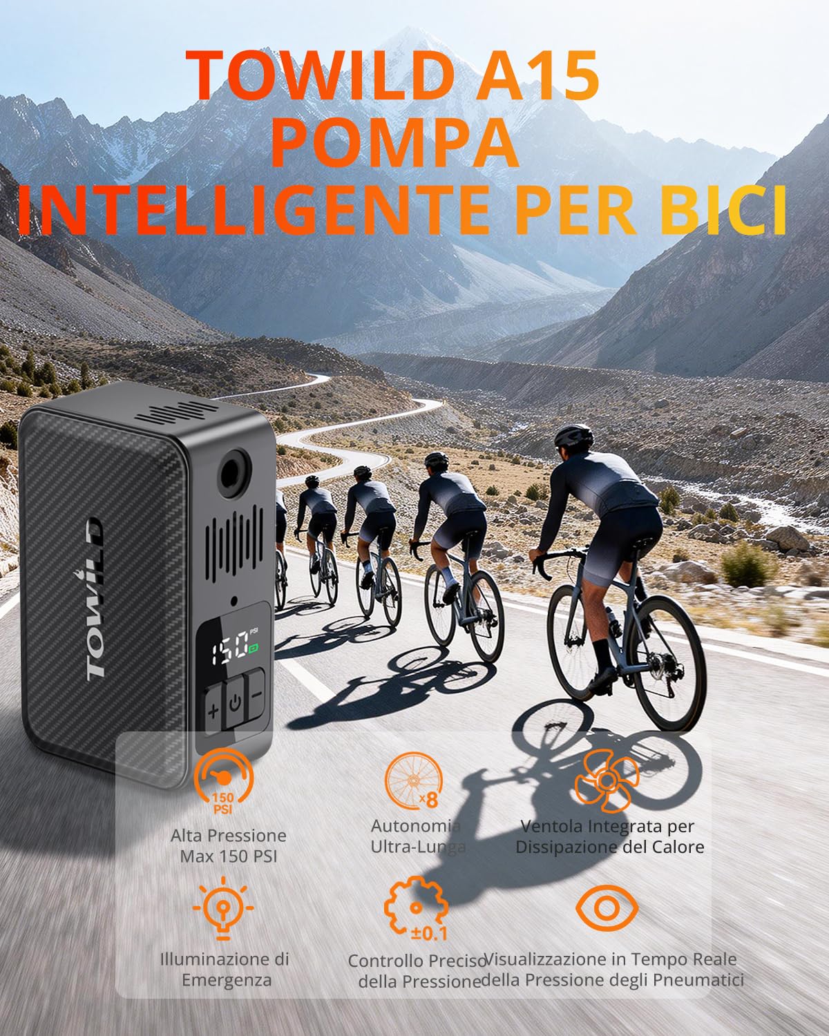 TOWILD A15 Pompa Elettrica per Bici 150PSI,Pompa Aria per Bicicletta Portatile Senza Fili con Spegnimento Automatico, Batteria 2×800mAh per 8 Gomme, Luce LED per Bici da Corsa e MTB