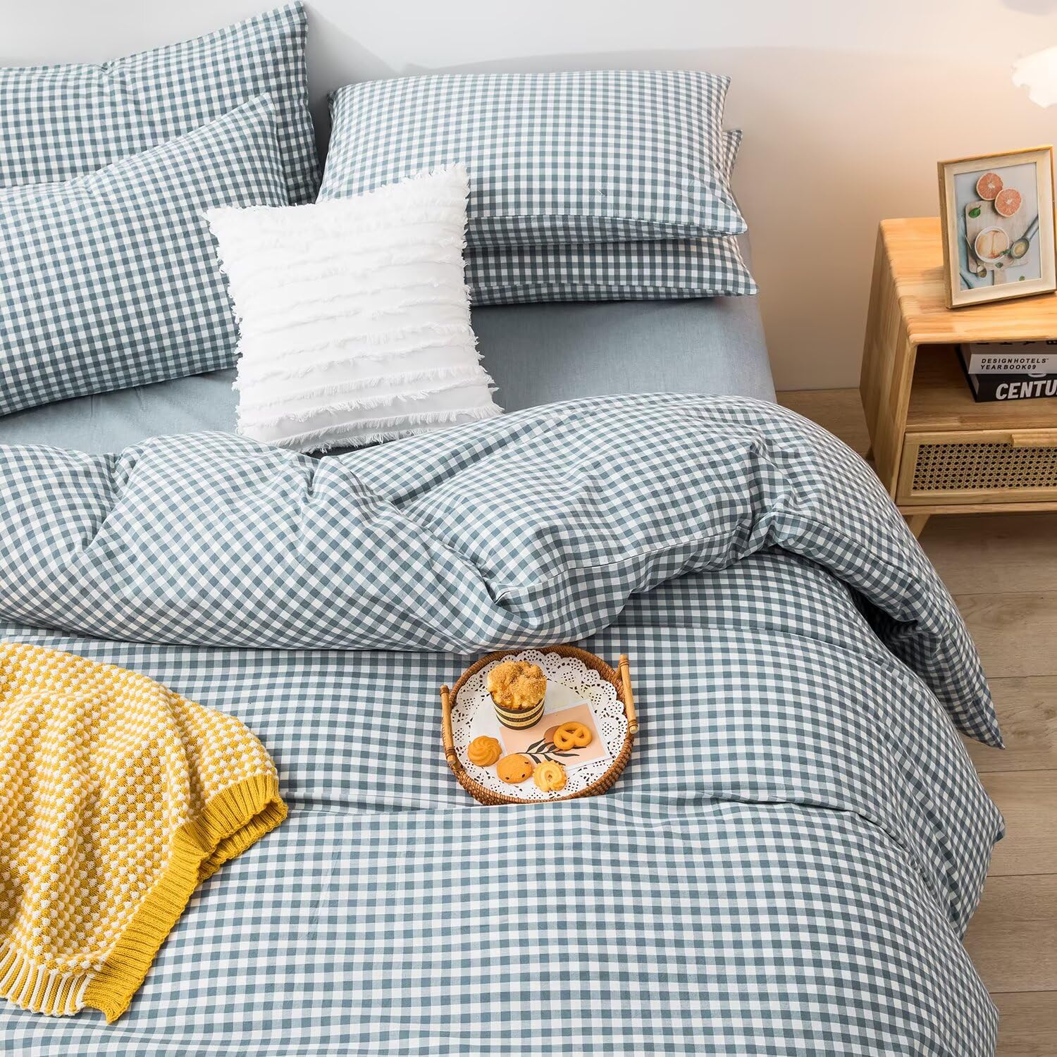 mixinni Blue Gingham Comforter Set King, Plaid Comforter Set 3 Pieces 1 Blue Grid Comfoter with 2 Pillow Cases for All Seasons, Soft Fluffy Modern