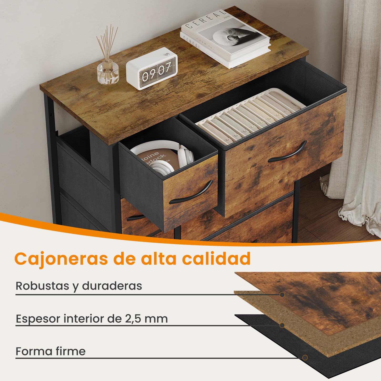 WOLTU Cómoda de Tela con 7 Cajones, Gran Capacidad, Marco de Metal Estable, para Salón, Dormitorio, Pasillo, Marrón-Negro Vintage, 63,5x30x73cm, SSK008shm