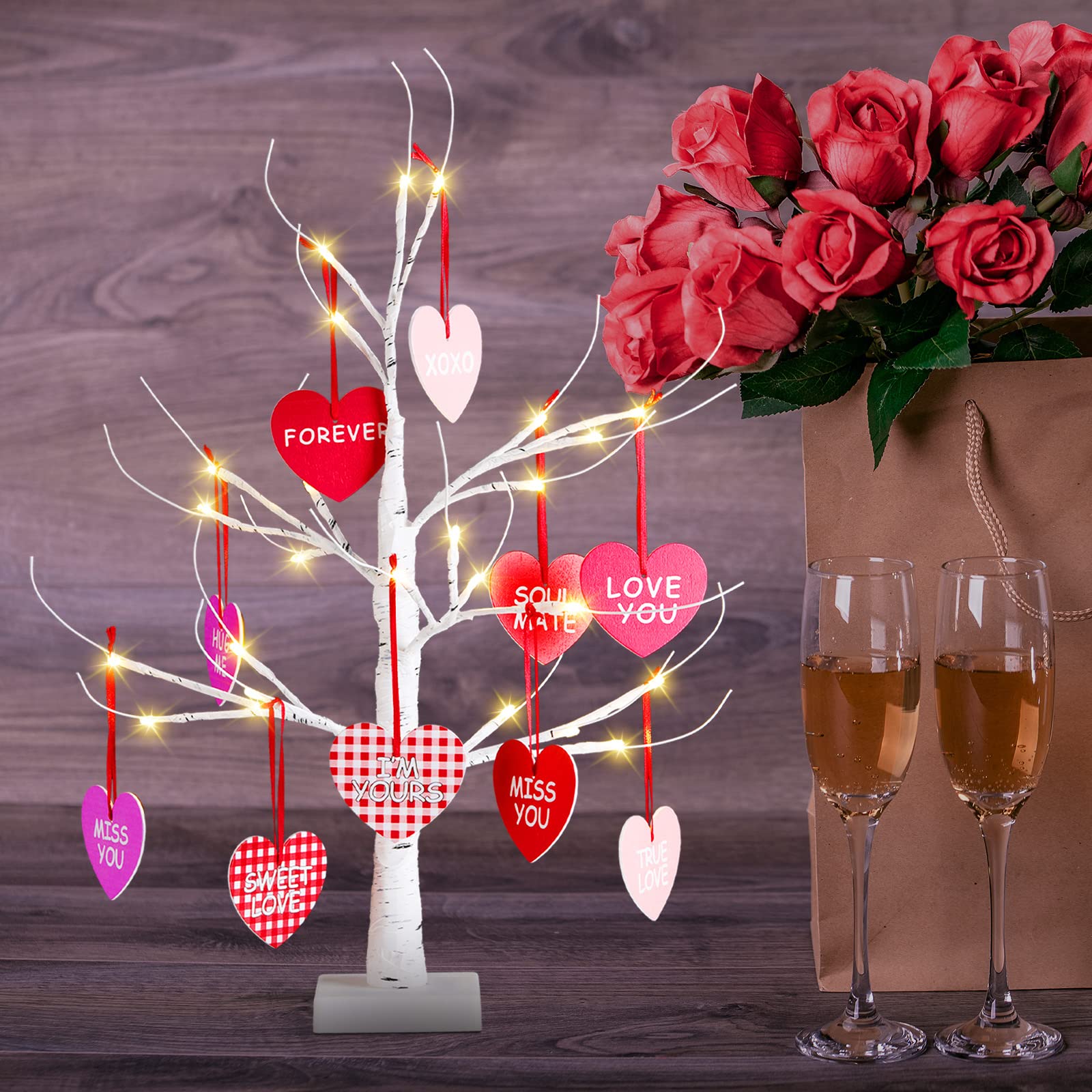 Riakrum Tabletop Lighted Birch Tree White LED Birch Tree Lights Artificial Branch Tree Hanging Heart Ornaments for Wedding Party Table Decor Home Bedroom Fall Decoration