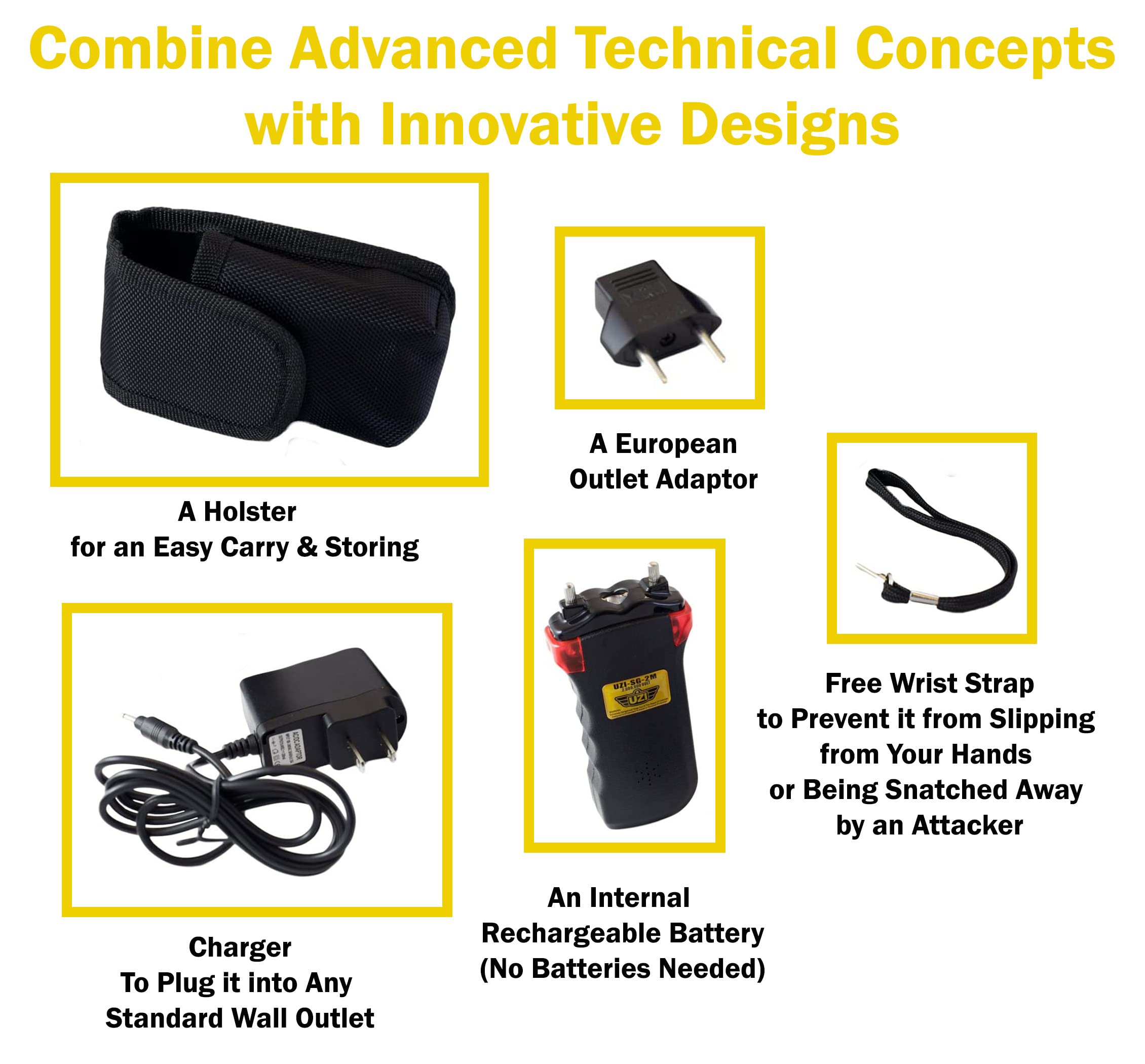 Uzi Rechargeable Stun Gun Self Defense & Protection for Men, Women, 4-in-1 Device, 2 Million Volt, with LED Light, Siren and Warning Lights, Black