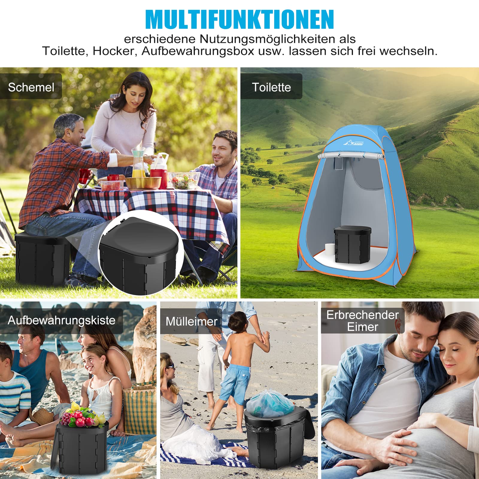WADEO Tragbare Campingtoilette mit Deckel, Faltbare Toilette mit Belastbarkeit bis zu 200kg, Mobiltoilette Falttoilette mit Toilettenbeutel und Papierhalter, ideal für Camping Wandern Reisen Angeln