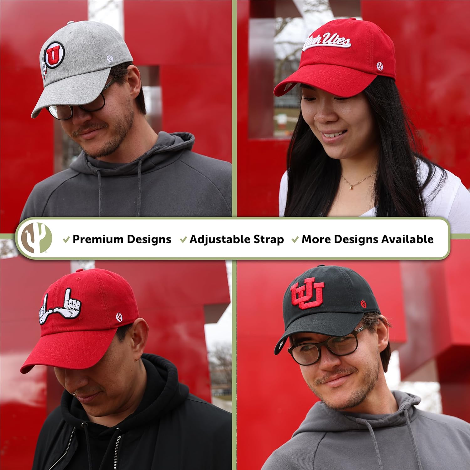 Desert Cactus University of Utah Baseball Hat UT Utes Brimmed Embroidered Hats Cap Adjustable Cloth Strap Adult (Style F) Red - Image 3