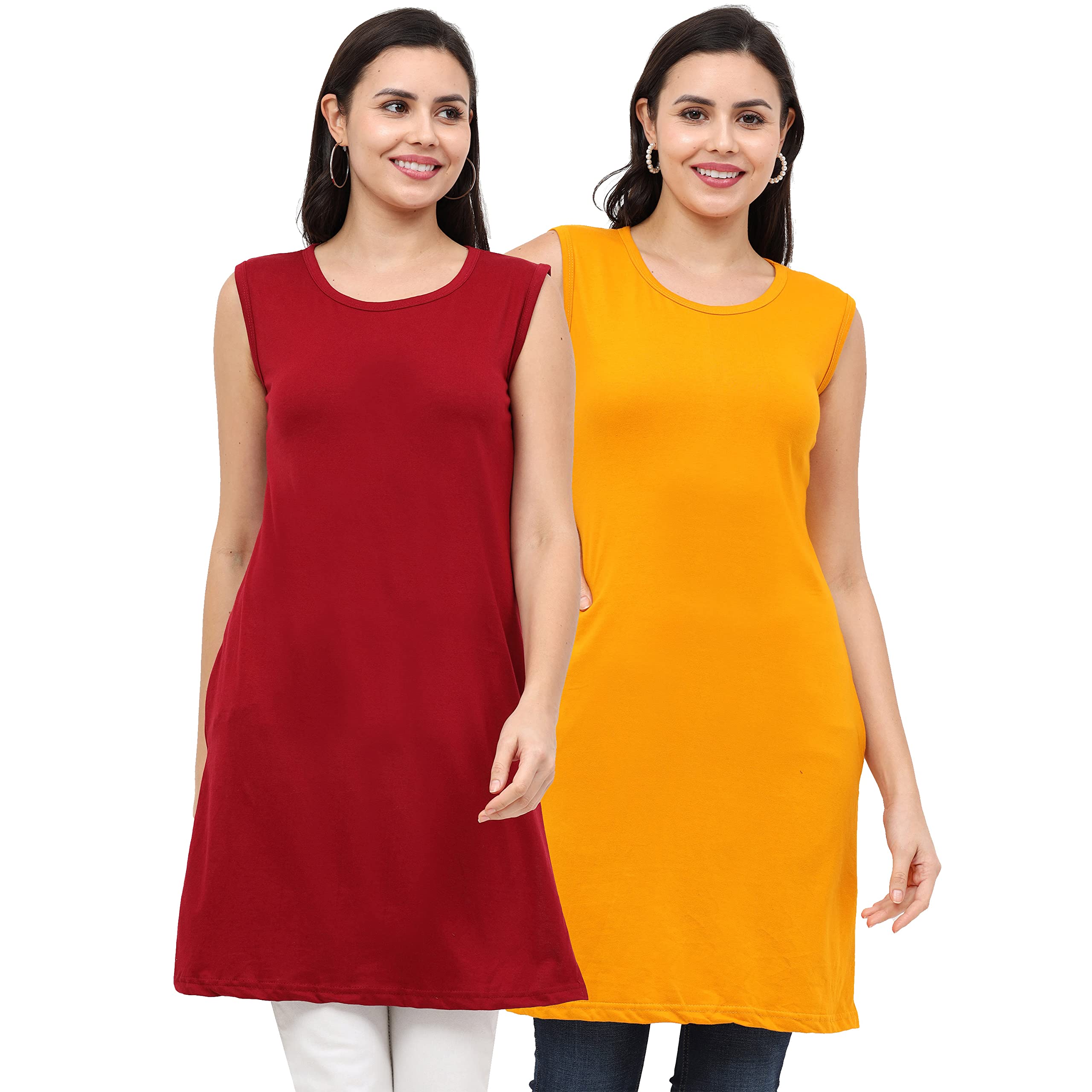 fleximaa Women's Cotton Plain Round Neck Sleeveless Maroon & Mustard Yellow Color Long Top 4XL Size - (Pack of 2)-picture-37
