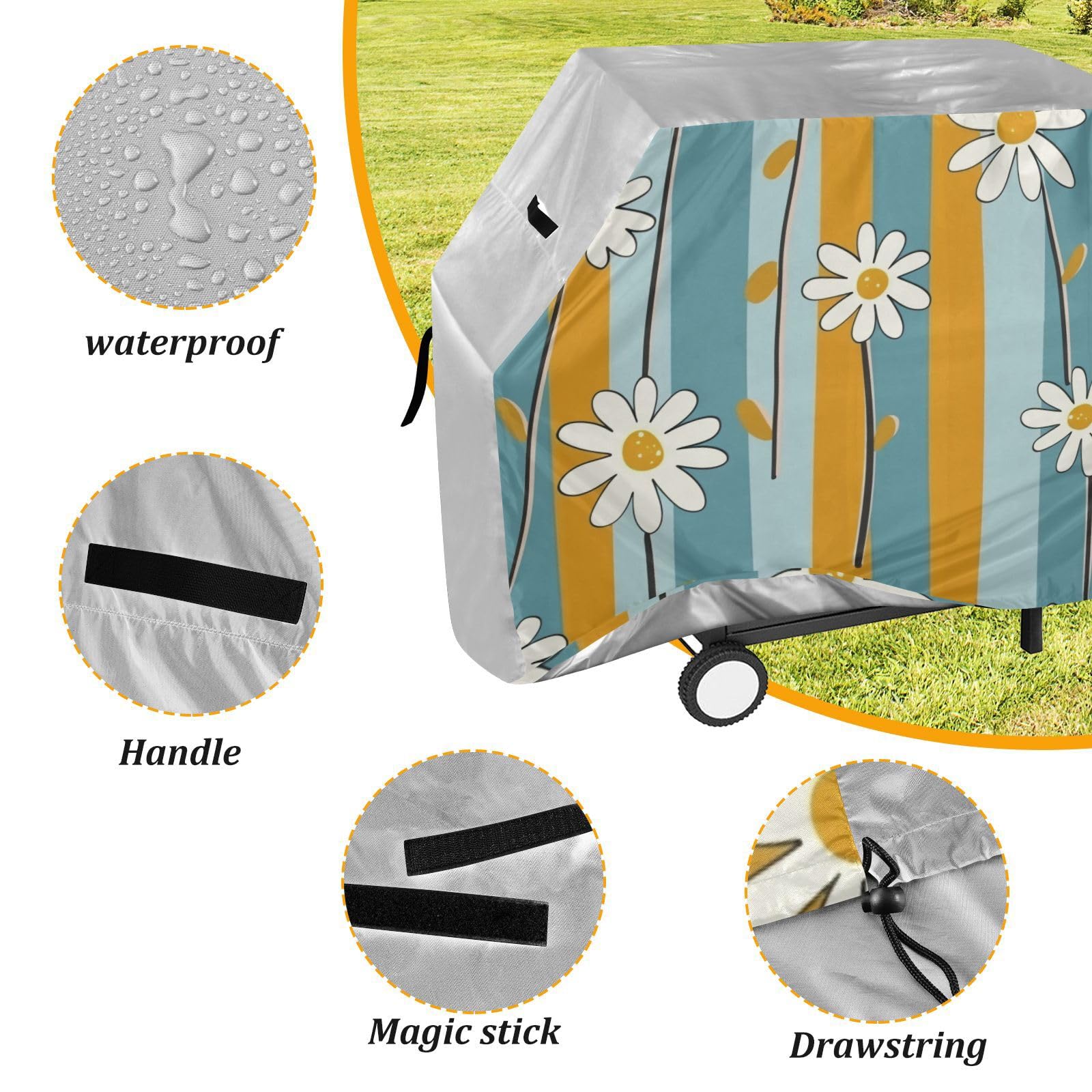 Simple Daisy Minimalistyczny pokrowiec na grill, 158 cm, wodoodporny, wytrzymały, odporny na blaknięcie i promieniowanie UV, z regulowanym sznurkiem, chroniący przed kurzem i wiatrem