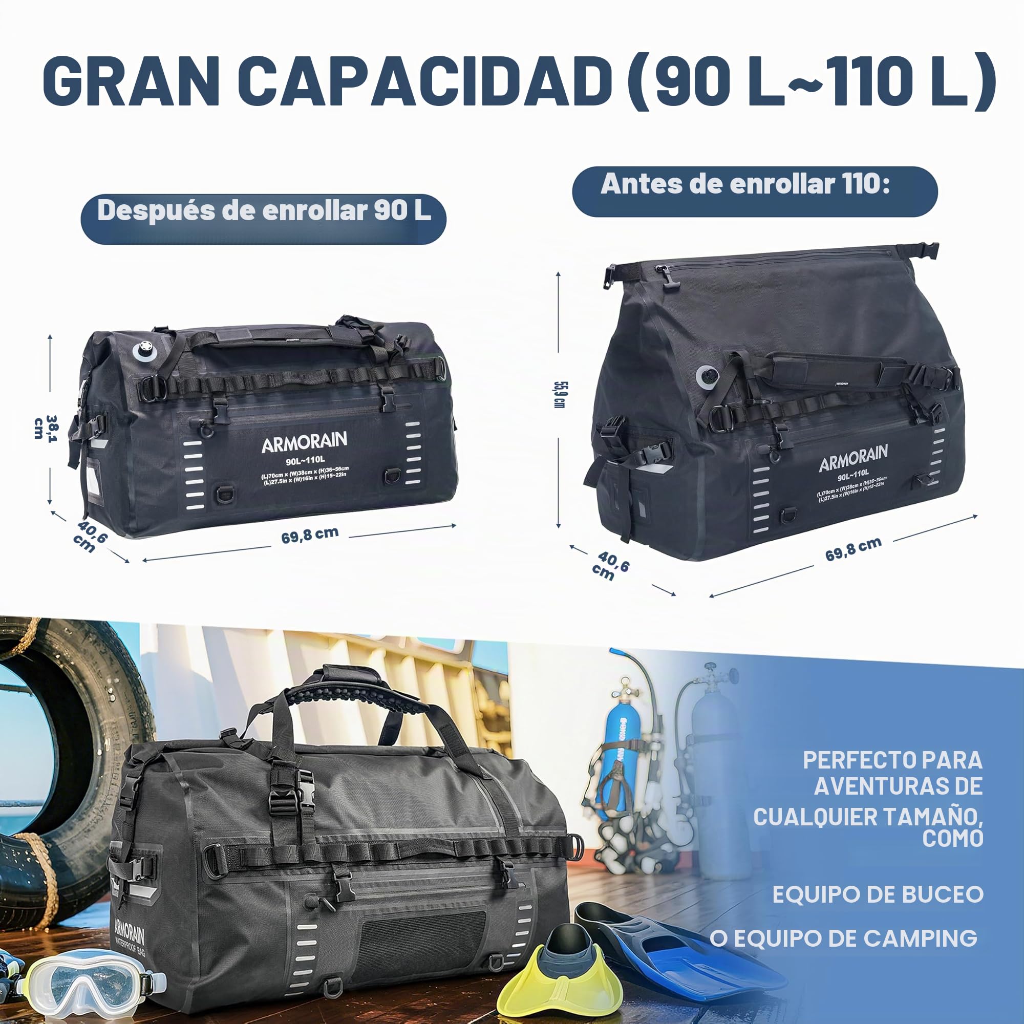 Bolsa de viaje impermeable hermética de gran capacidad ARMORAIN de 90L-110L, equipada con correas para el hombro inflables duraderas y asas, adecuada para equipos de buceo, motocicletas, remo, kayak