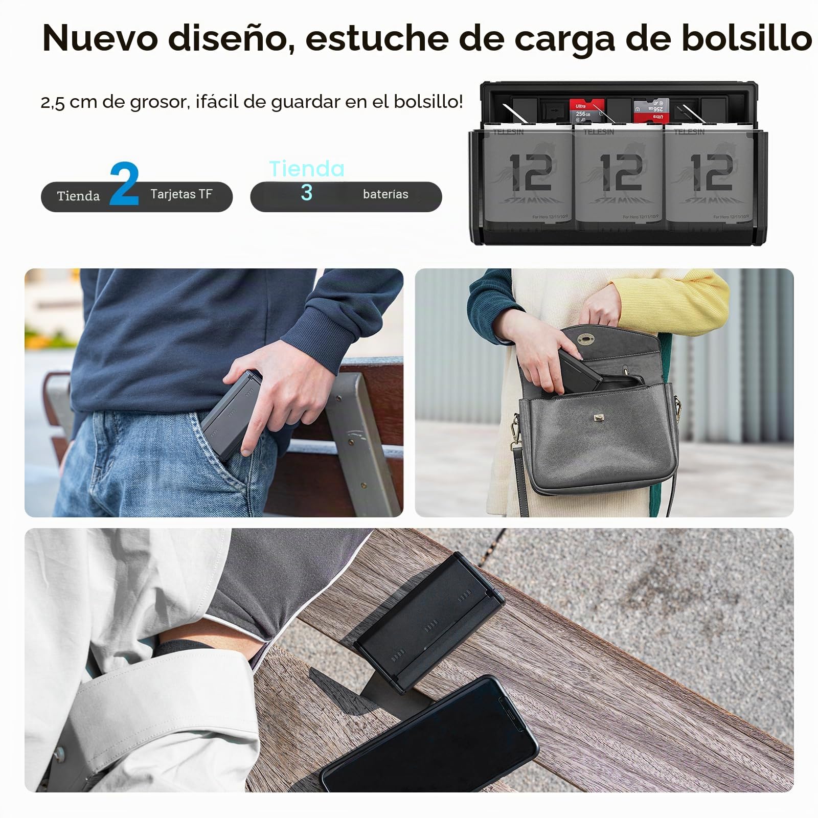 TELESIN Pack de 2 Baterías Enduro y Cargador de Batería de 3 Ranuras para Go Pro Hero 12 11 10 9, Batería Adecuada para Bajas Temperaturas, Cargador de Bolsillo, Carga Rápida, Accesorios