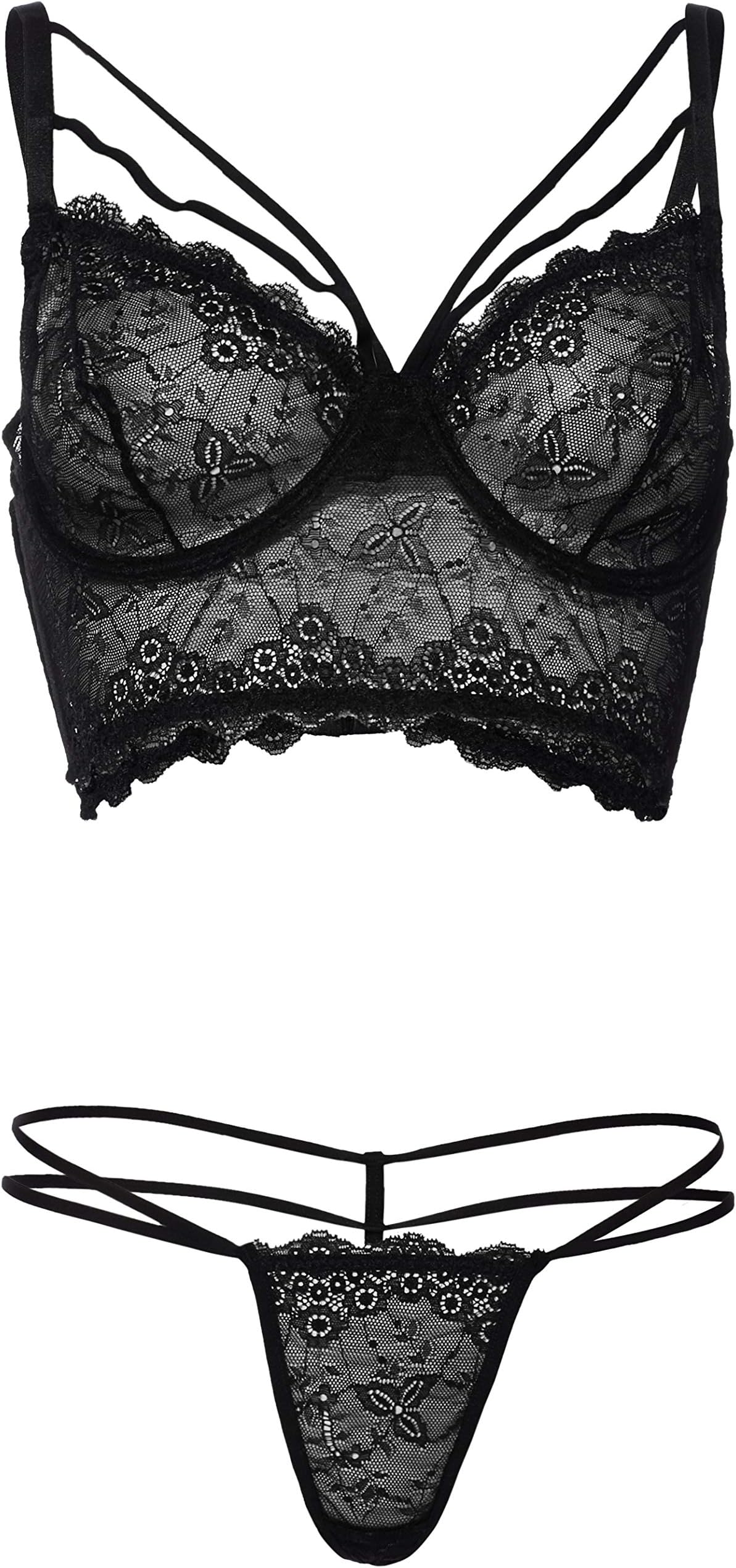 Cottelli Collection Women's 22128461321 Complete Underwear Lace Bra and G-String L, Black (Nero 001), Small (Size: 80 C/L)