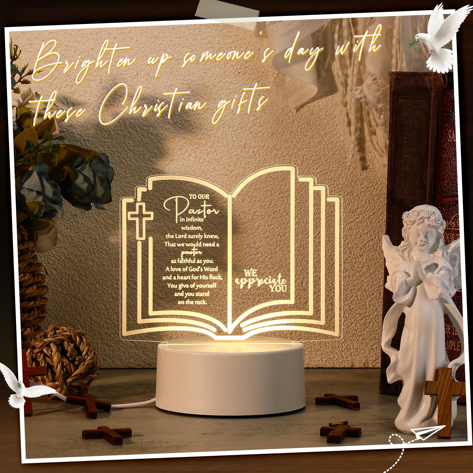 Kosiz 1 Pcs Pastor Appreciation Gifts LED Night Light Fathers Day Pastors Gift for Men Women Acrylic Clergy Lamp with Base Bible Verse for Father Church Christian Birthday Anniversary Graduation