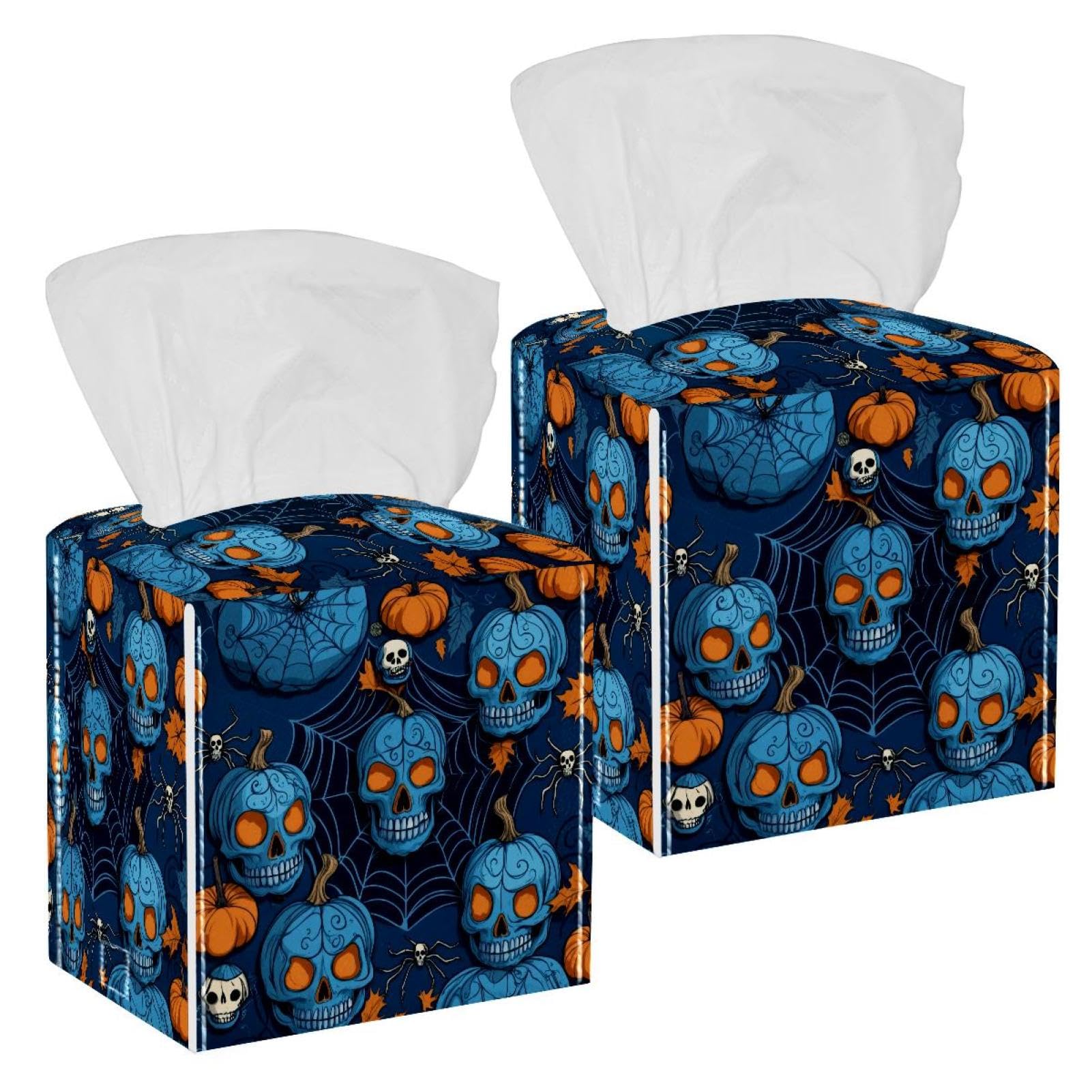 Halloween Skulls Pumpkins Tissue Box Cover, 2 Pack PU Leather Square Facial Tissue Dispenser Box holder for Home Office Car