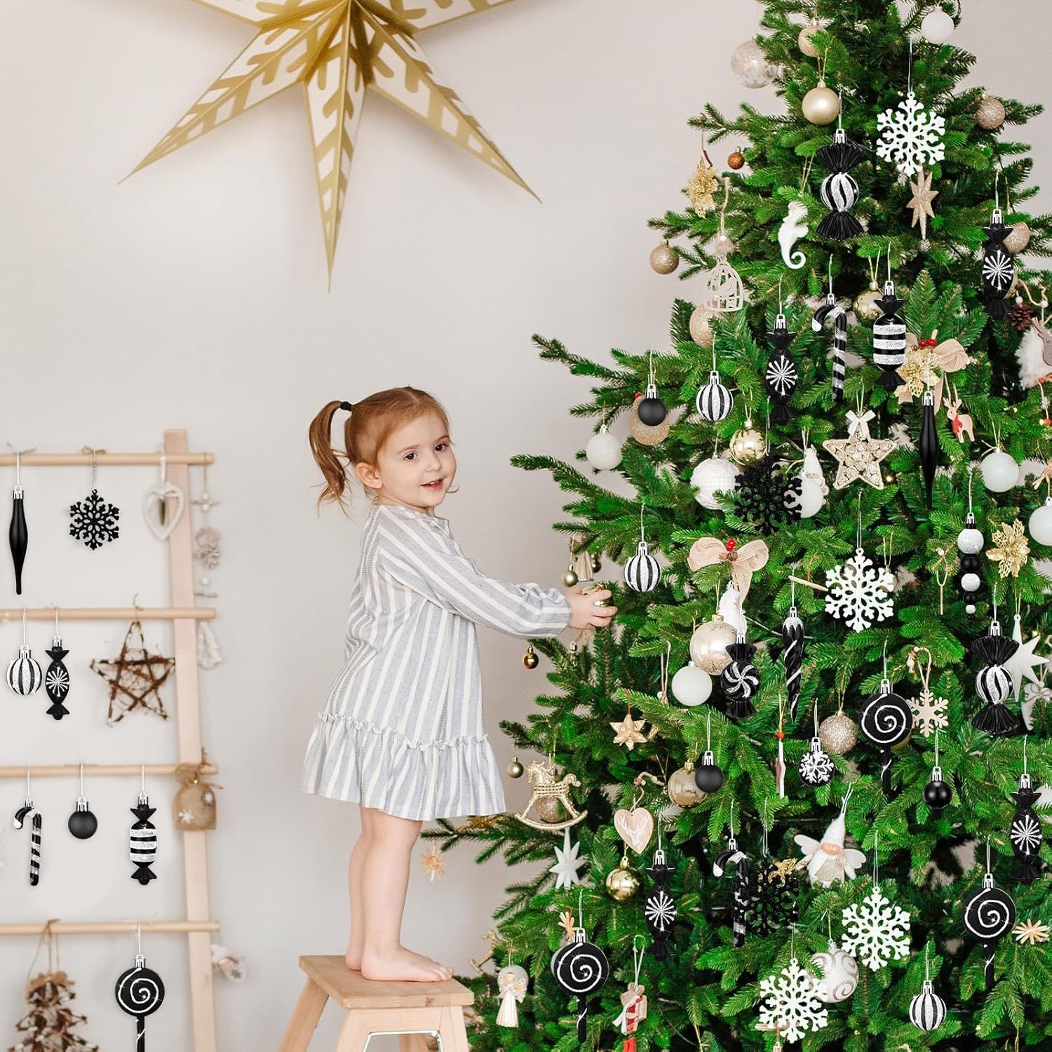 120 Pcs Christmas Tree Ornaments Christmas Ball Snowflake Hanging Candy Ornaments Swirl Lollipop Ornament Candy Cane Decorations for Xmas Tree Party Decor(Black and White)