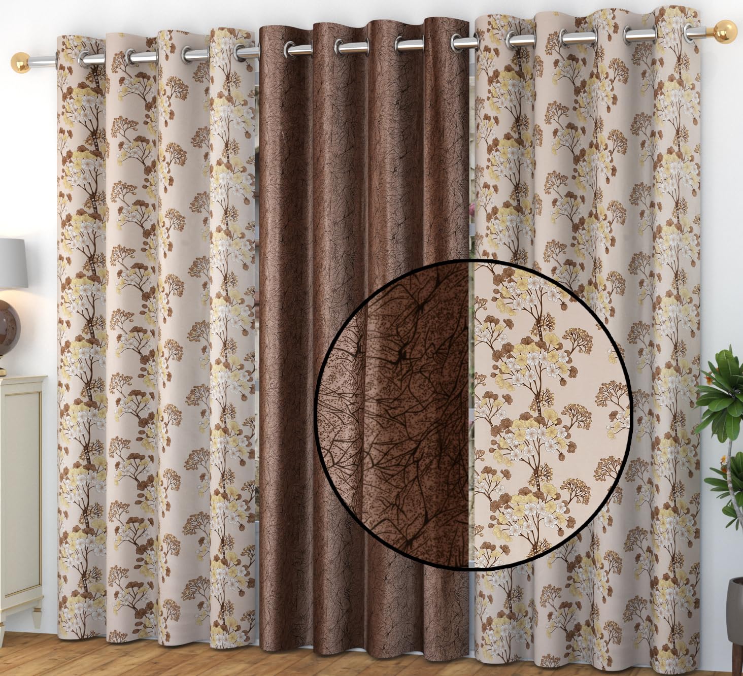 FRESH FROM LOOM Opaque Floral Curtains for Door 10 Feet Long|Big Window Curtain Polyester Parda|Modern Parde for Living Room Bedroom|Home Office Screens (Set of 3|Coffee) Rod pocket-image-42