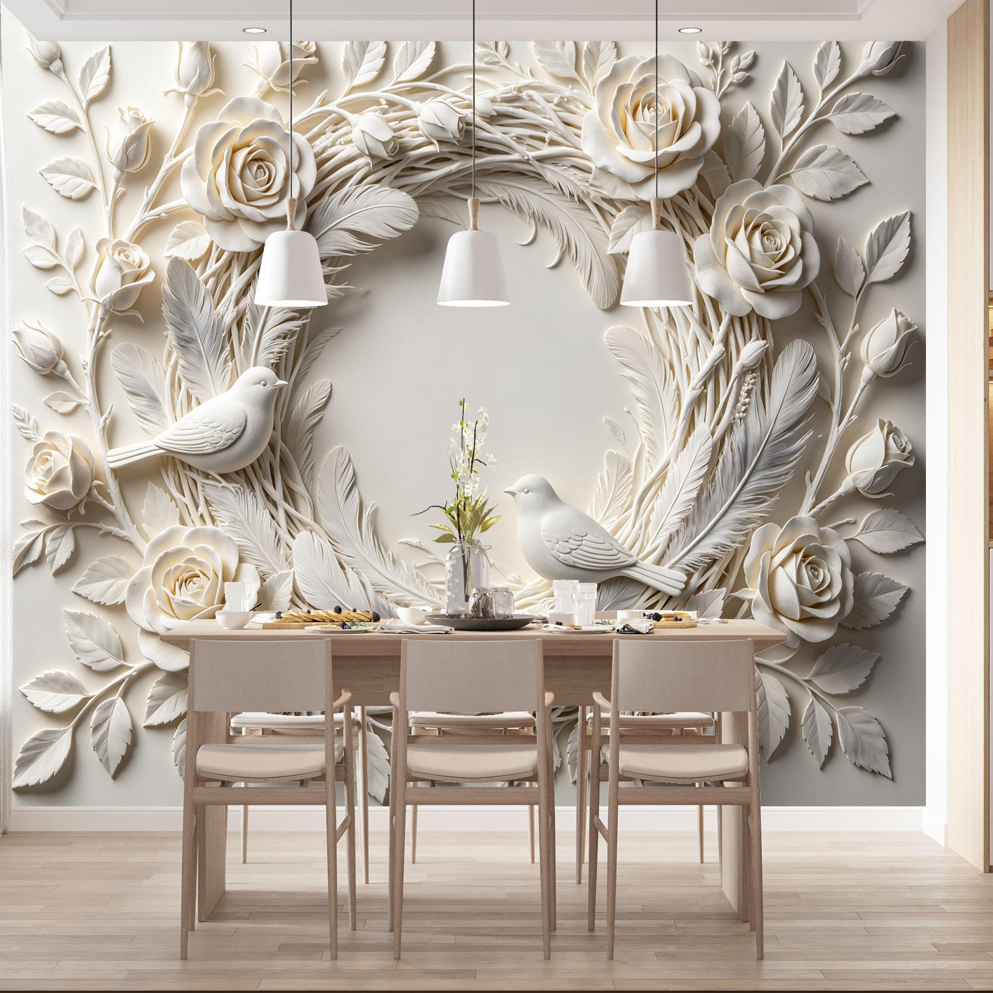 Carta Da Parati Fotografica con Ghirlanda Di Rose E Scultura Di Uccellino, Murale Da Parete 300×210 cm (Lxa), In Tessuto Non Tessuto, Decorazione Floreale Romantica per Soggiorno, Divano, Sfondo Tv