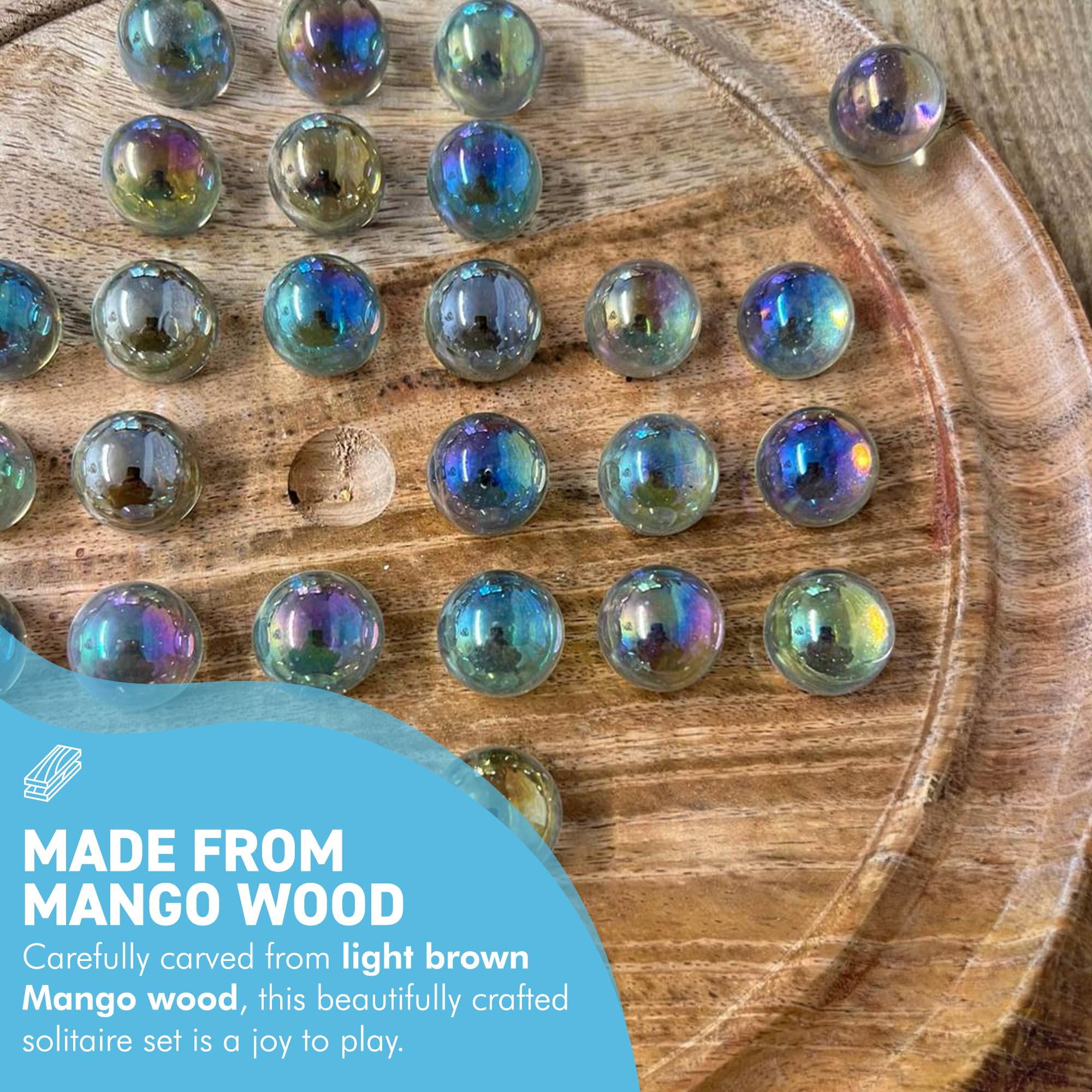 30cm Diameter MANGO WOOD SOLITAIRE BOARD GAME with SOAP BUBBLE GLASS MARBLES | |classic wooden solitaire game | strategy board game - Image 2