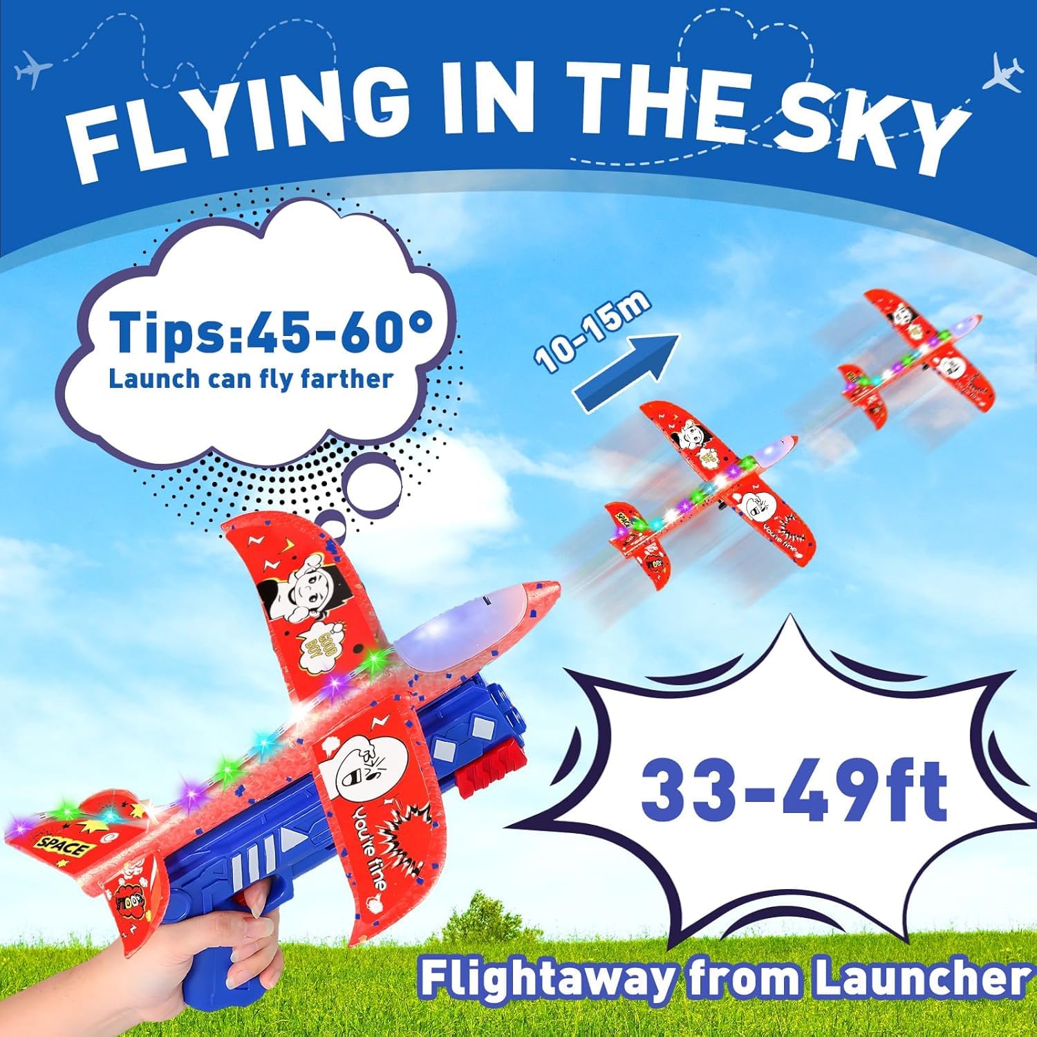 Flugzeug Spielzeug, 3 Stück Styroporflieger mit Katapult Pistole, Beleuchteter Flugzeugrumpf, Fugzeug Styropor Outdoor Spiele für Kinder, Outdoor Spielzeug Junge Mädche 3 4 5 6 7 8 9 Jahre