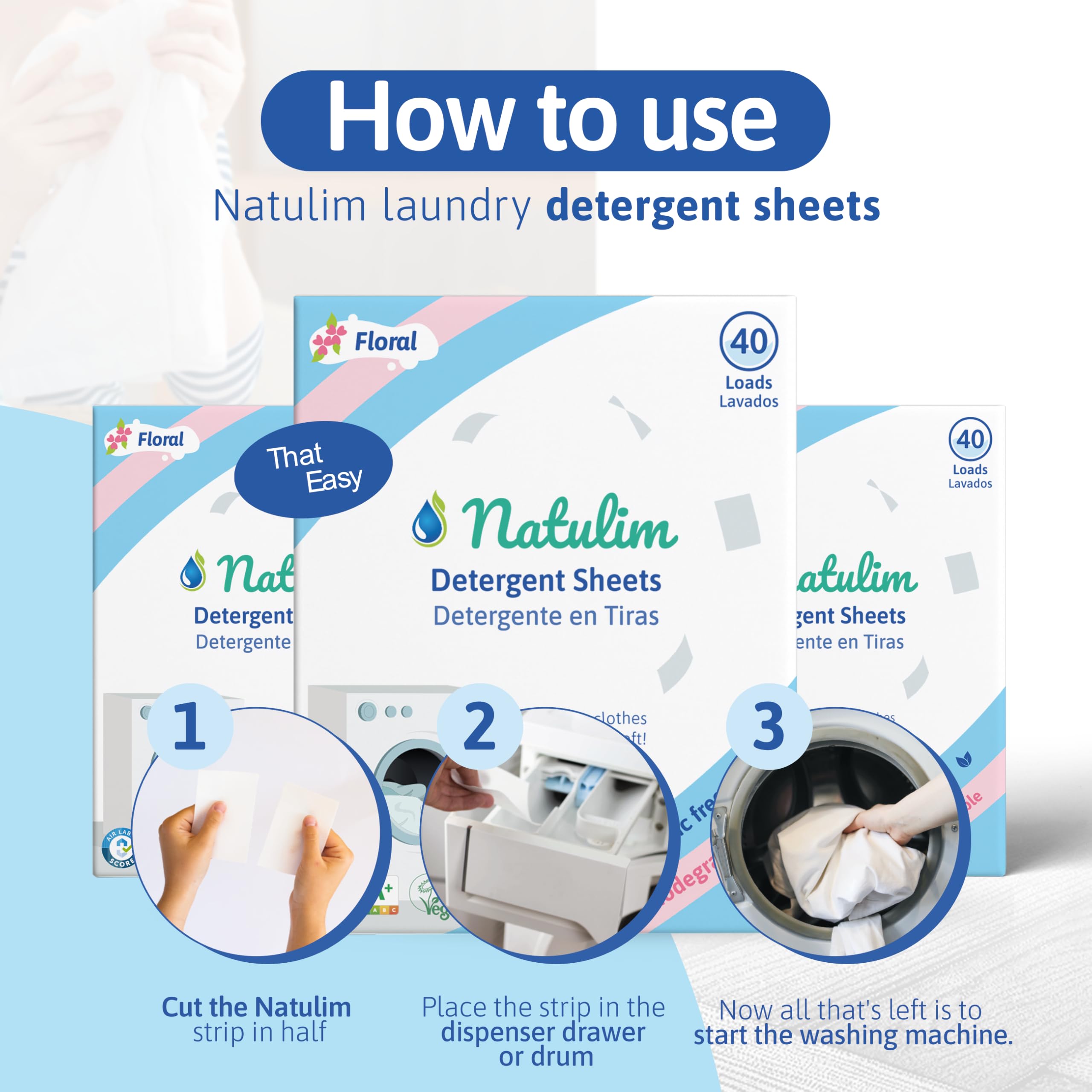 Natulim - Detergent w taśmach do pralek (40 pralek) - Zawiera efekt zmiękczający, ekologiczny, przyjazny alergikom - Czysta i miękka odzież bez brudzenia planety (kwiatowy zapach)