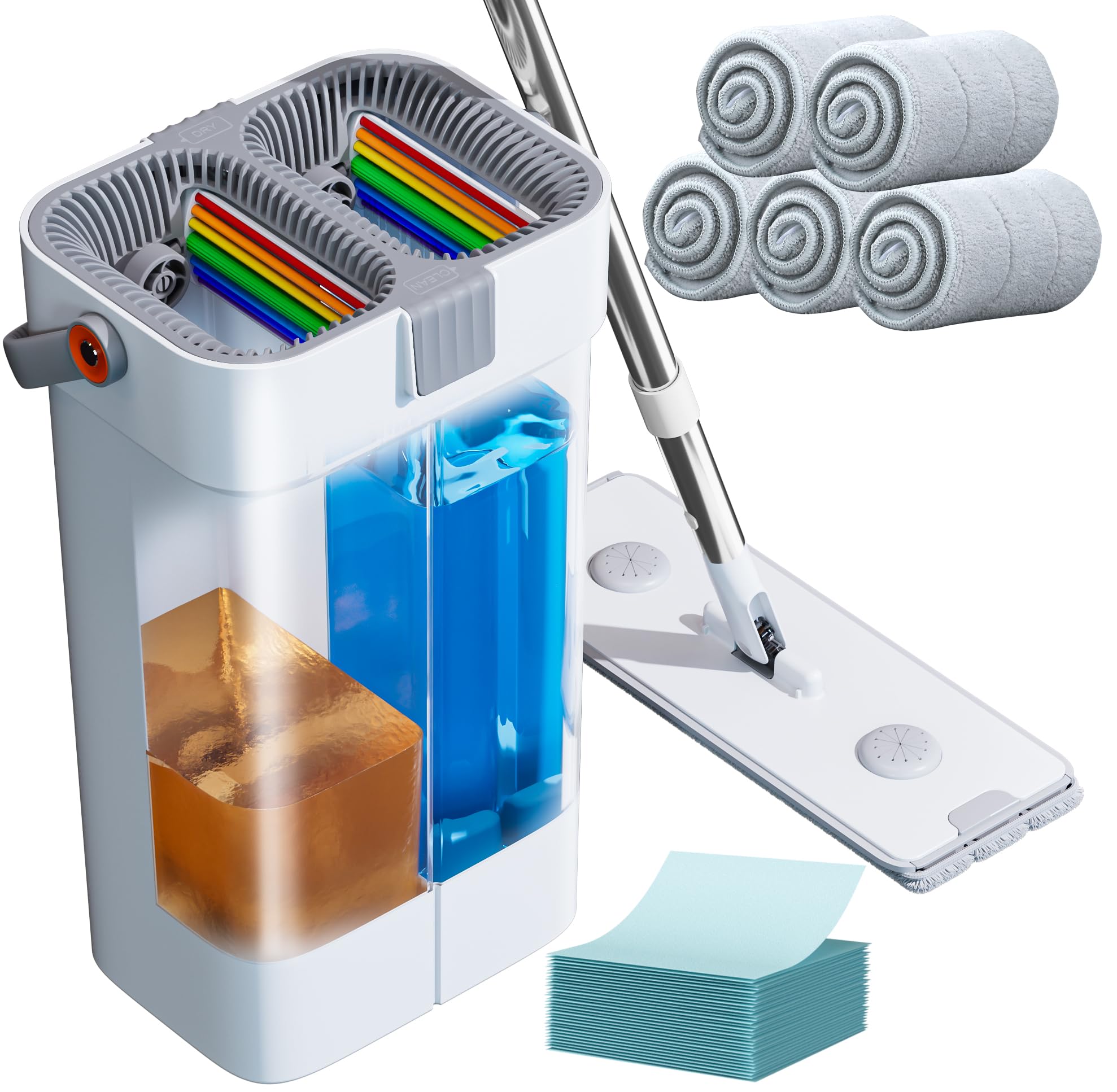 Photo 1 of POPMOP Mop and Bucket Set, Flat Mop and Bucket System, Mop Bucket with Wringer, Wall Mop with Adjustable Handle (Max 61 Inches), 5 Washable Microfiber Mop Pads