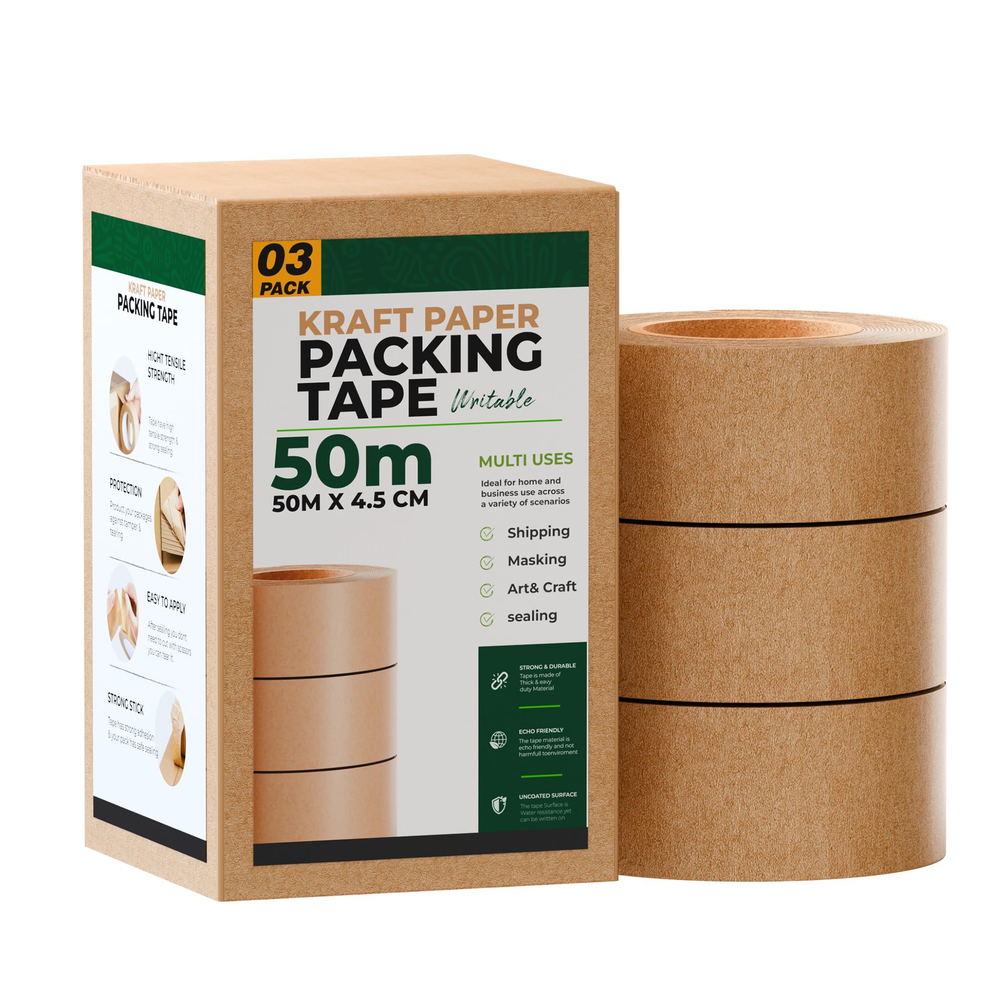LEDSone Kraft Paper Packing Tape 3 Rolls With Industrial Strength Long 50m x 48mm Suitable For Carton Sealing Brown Eco Friendly Tear Resistant Adhesive For Secure Moving Mailing Storage