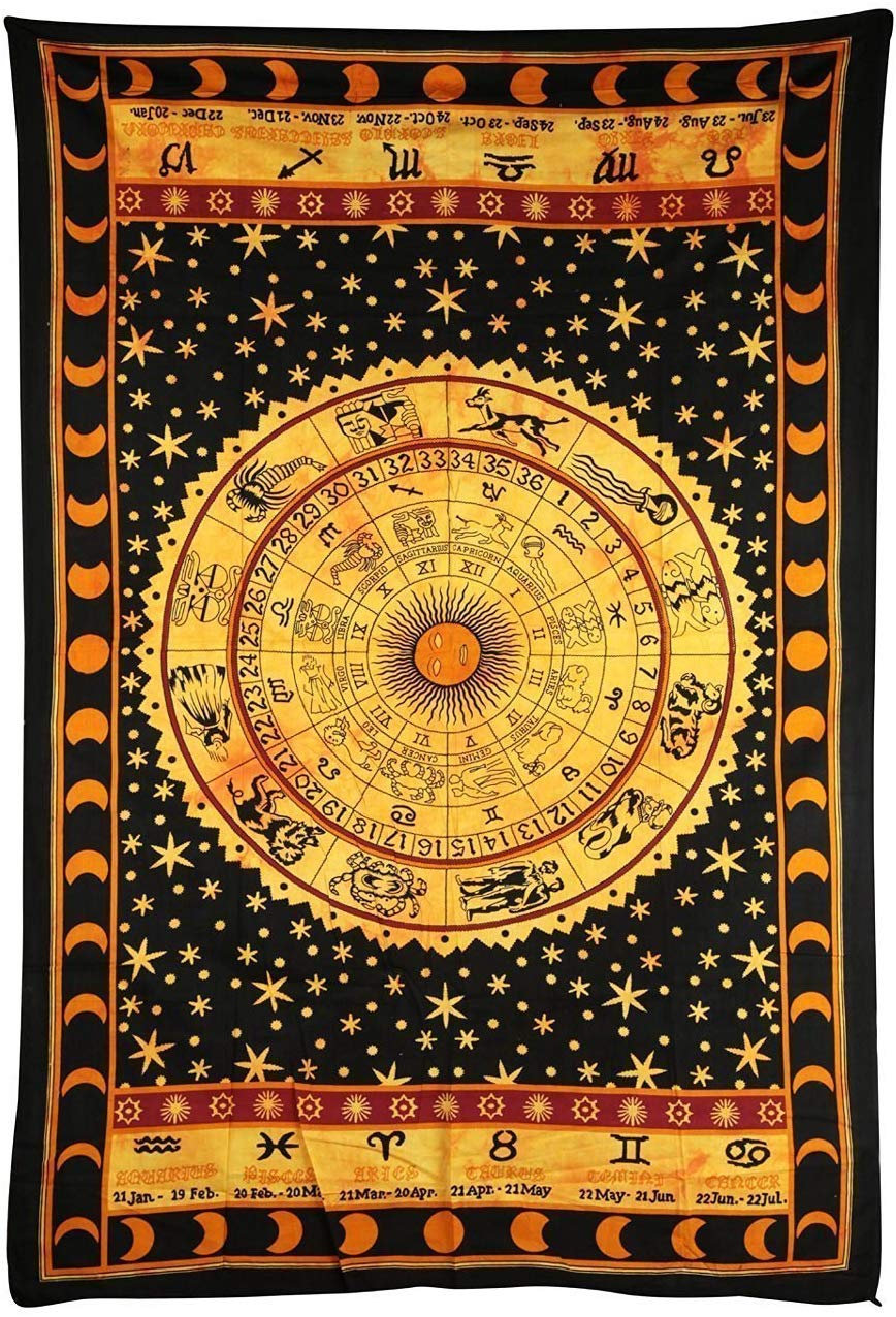 Jaipur Handloom Indian Handmade Mandala Tapestry ((30 X 40 inches Approx), Black Yellow Zodiac)