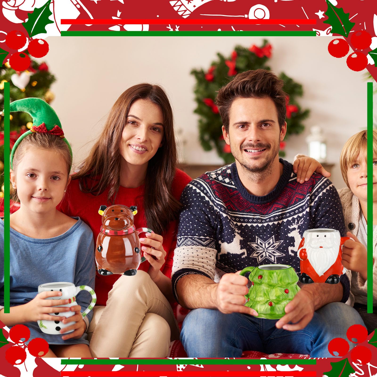 Baderke Niedliche Weihnachtstasse mit Deckel, 4-teiliges Set, 400 ml, Keramik-Kaffeetasse, Weihnachtsmann, Schneemann, Rentier, Weihnachtsbaum, Porzellan, Latte-Teetasse für Urlaub, Weihnachten,