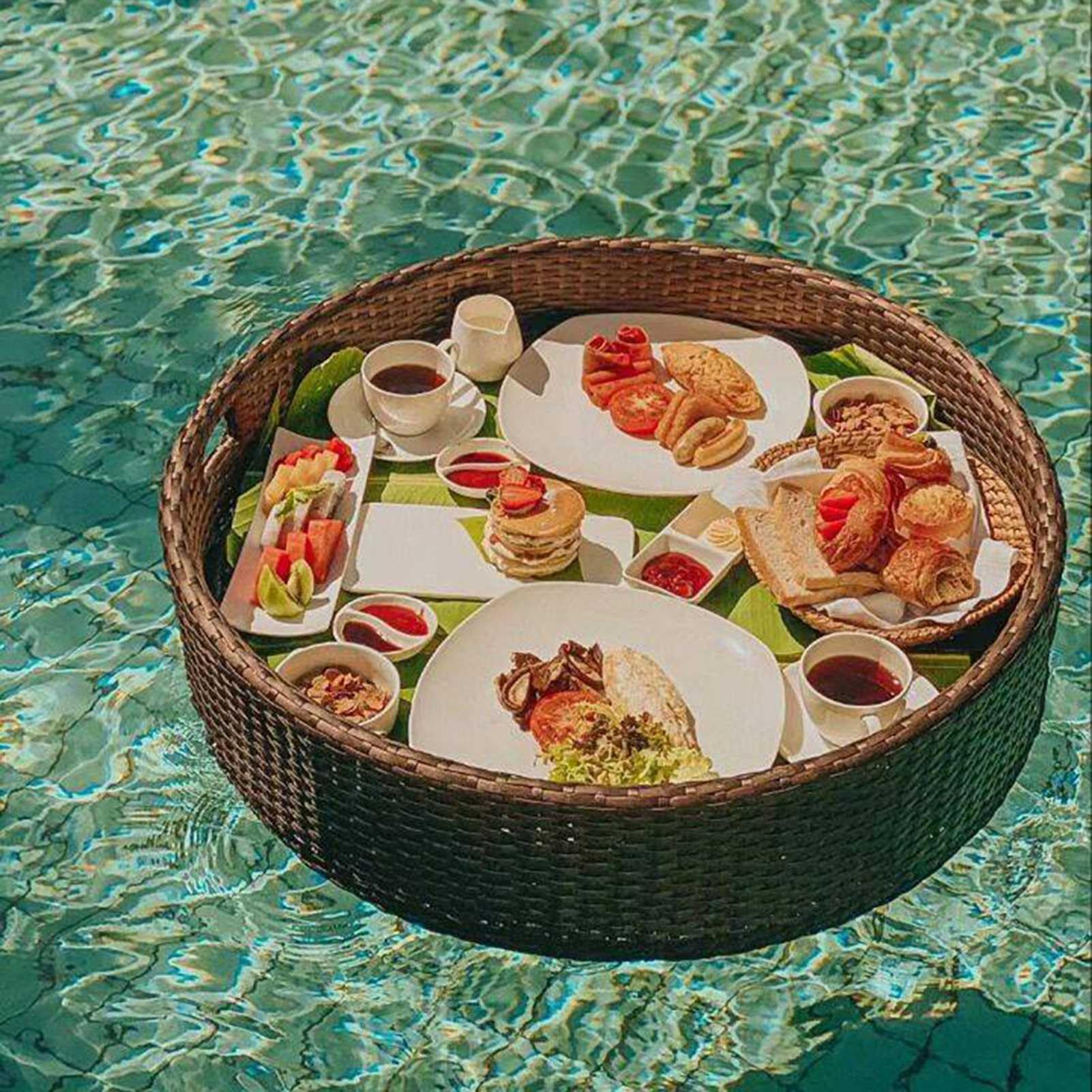 DFGHNBVC Floating Serving Tray For Pool With Handle Round Floating Pool Tray,Brown-60Cm