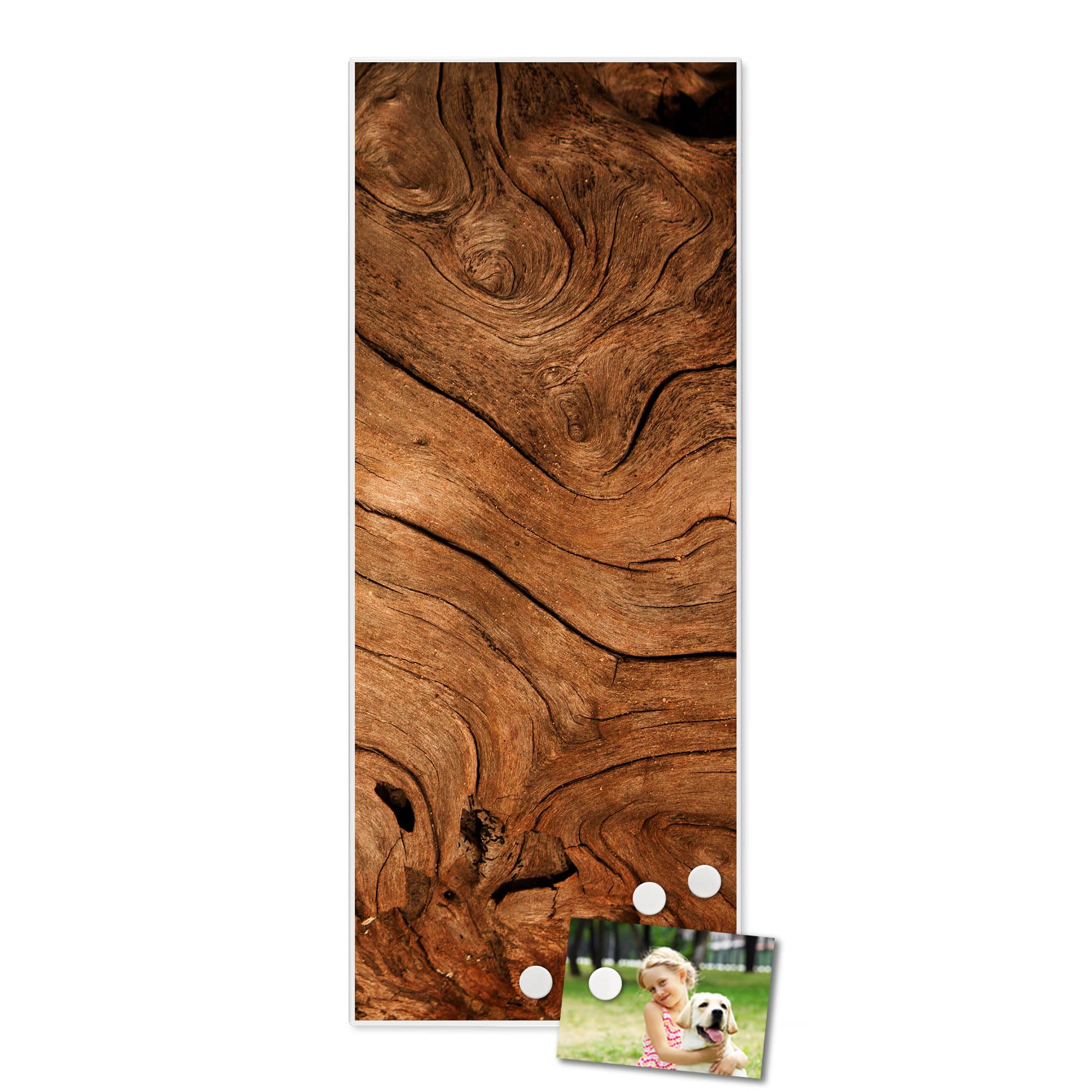 banjado® Magnettafel 30 x 75cm / Magnetwand aus Metall/Magnetpinnwand als Memoboard/Pinnwand Magnettafel Küche, Büro, Kinderzimmer inkl. 4 Magnete & Montageset - Motiv Trockenes Holz
