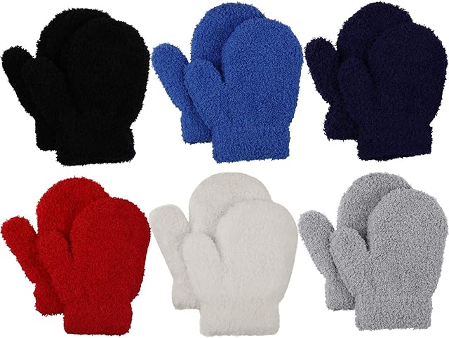 Jupsk Toddler Mitten Winter Warm Knitted Coral fleece Gloves Magic Stretch Gloves for Baby Boys and Girls, 1-4 Years Old, 6 Pairs