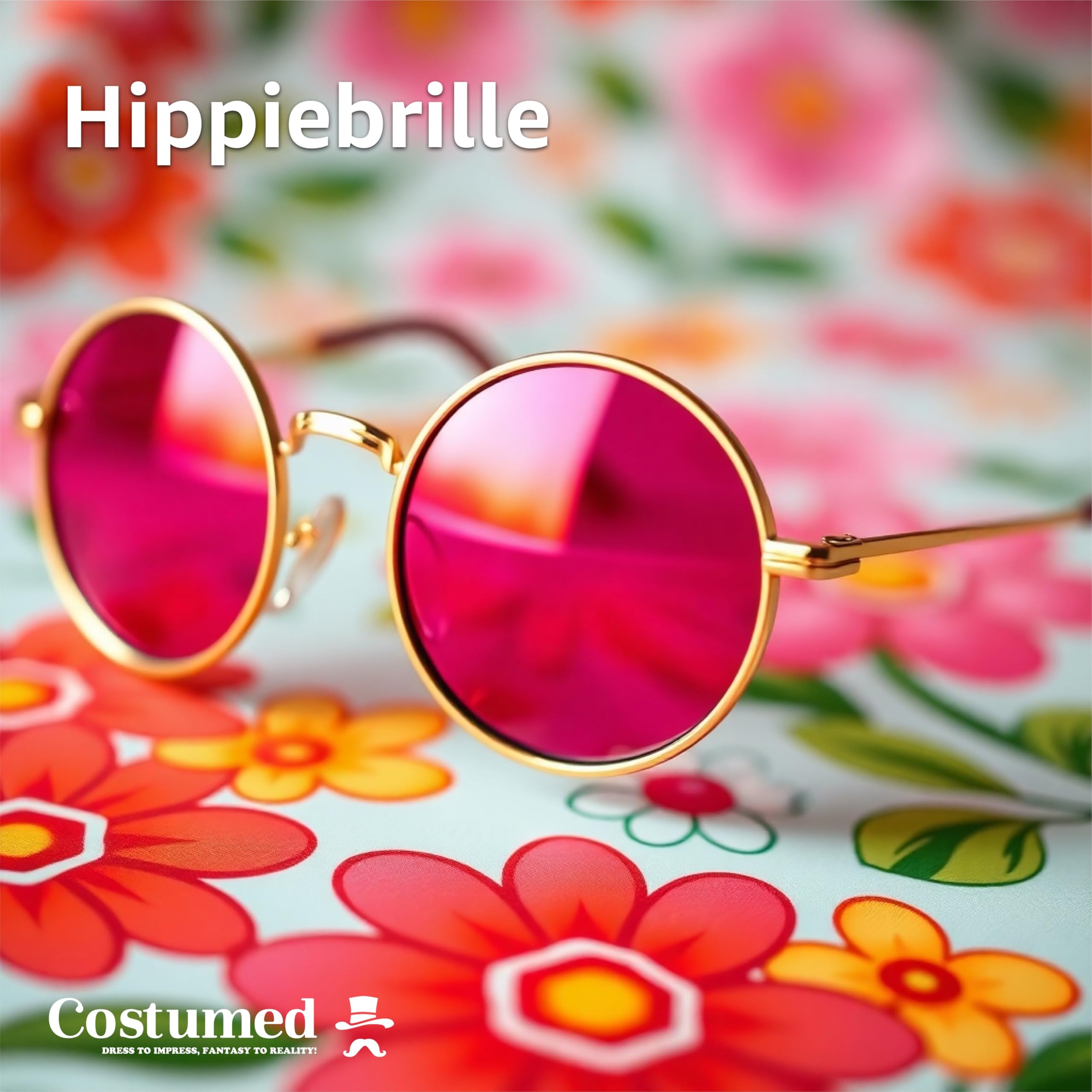 Costumed Hippie Glasses - Round Pink Sunglasses as 70s & 80s Accessory for Fancy Dress & Carnival Inspired by John Lennon - Image 2