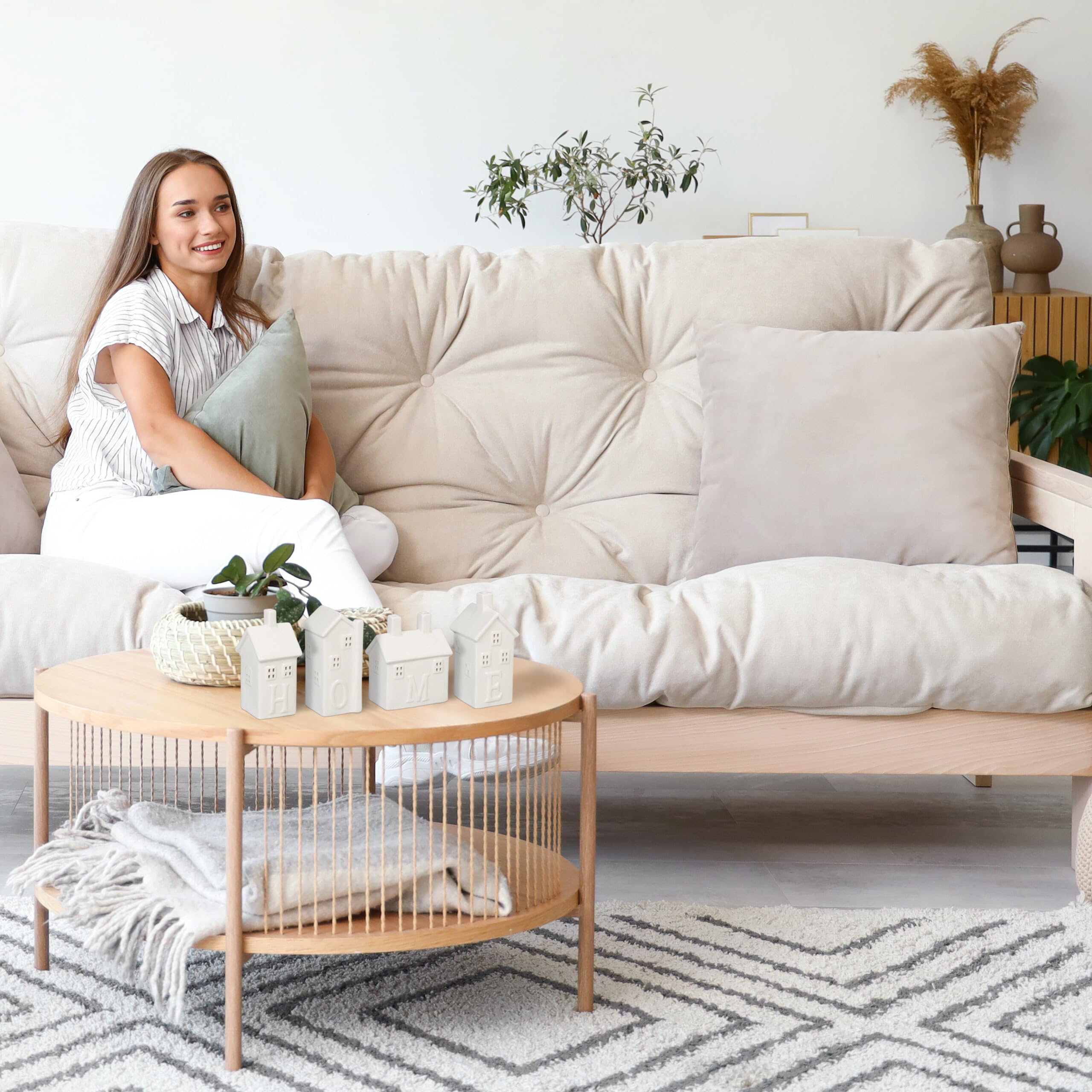 Relaxdays Ceramiczny domek na podgrzewacze, 4 świeczniki na 1 podgrzewacze, z napisem domowym, biały, 6 cm