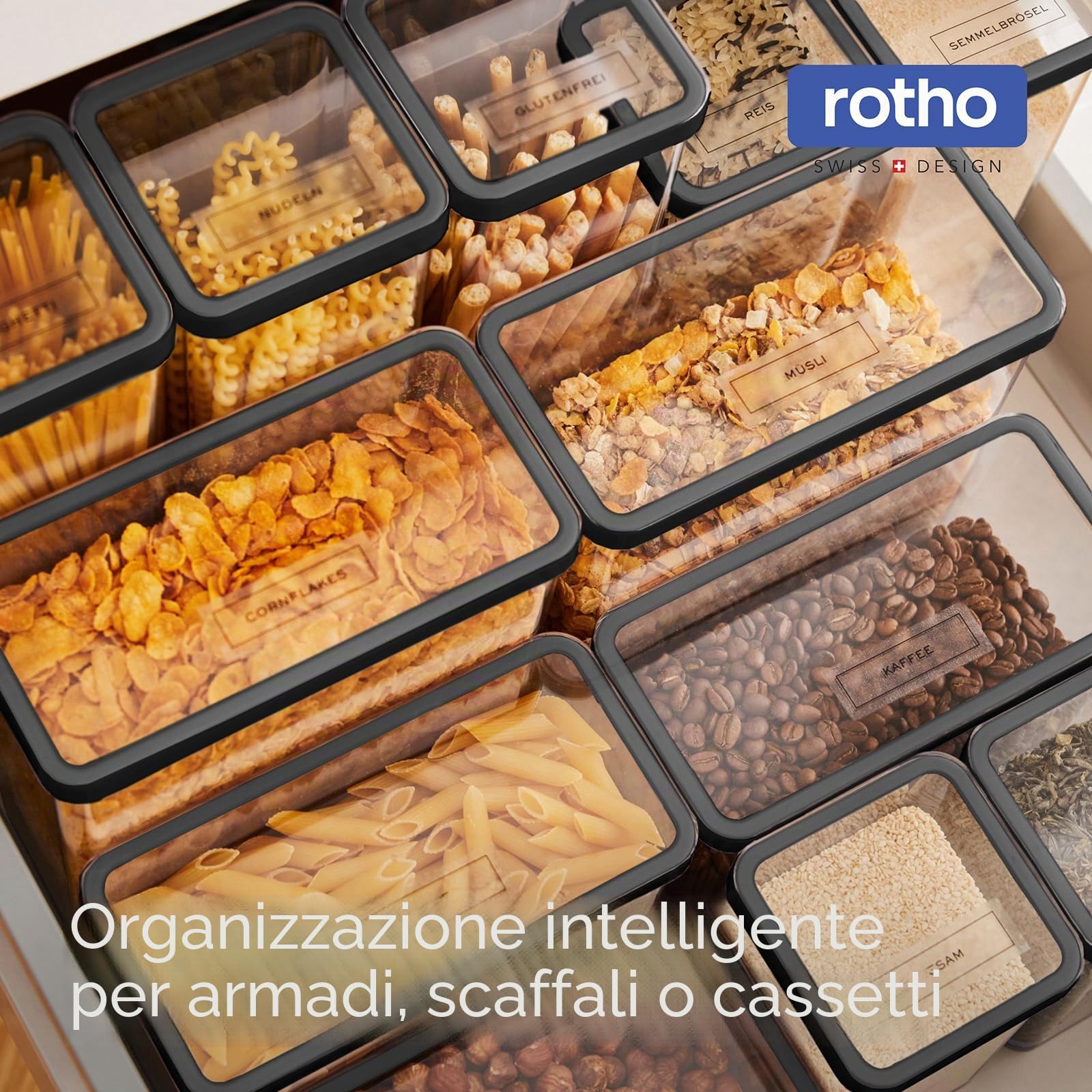 Rotho Loft Set 24 Contenitori Alimentari, Barattoli Ermetici senza BPA | Salvaspazio impilabili per cucina, set misto da 0,5 a 2,25 l in plastica SAN trasparente, lavabili in lavastoviglie