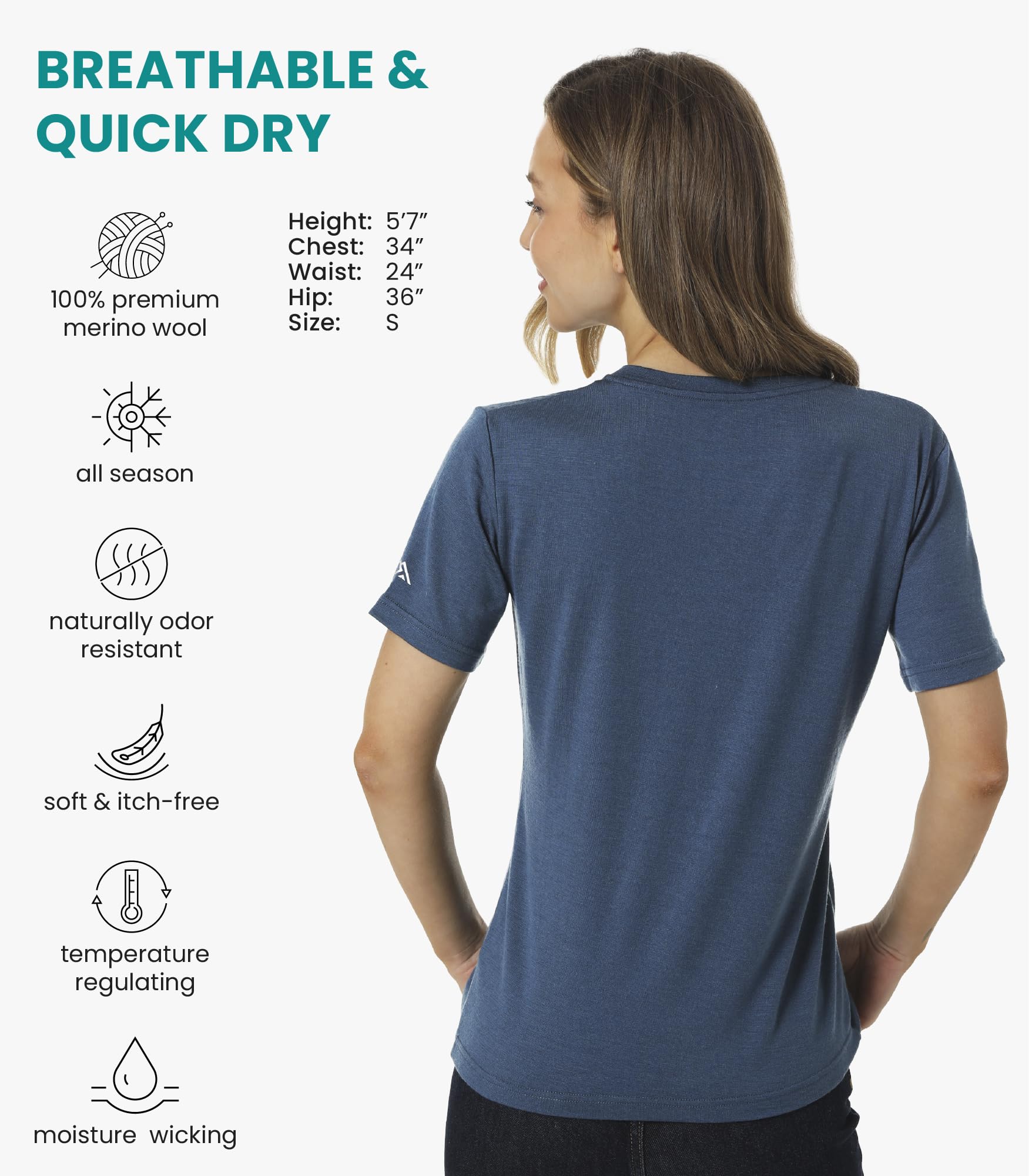 Merino.tech T Shirt Merinos Femme - Laine Merinos Chemise Femme + Chaussettes de randonnée en Laine Mérinos (X-Large, Denim V-Neck)