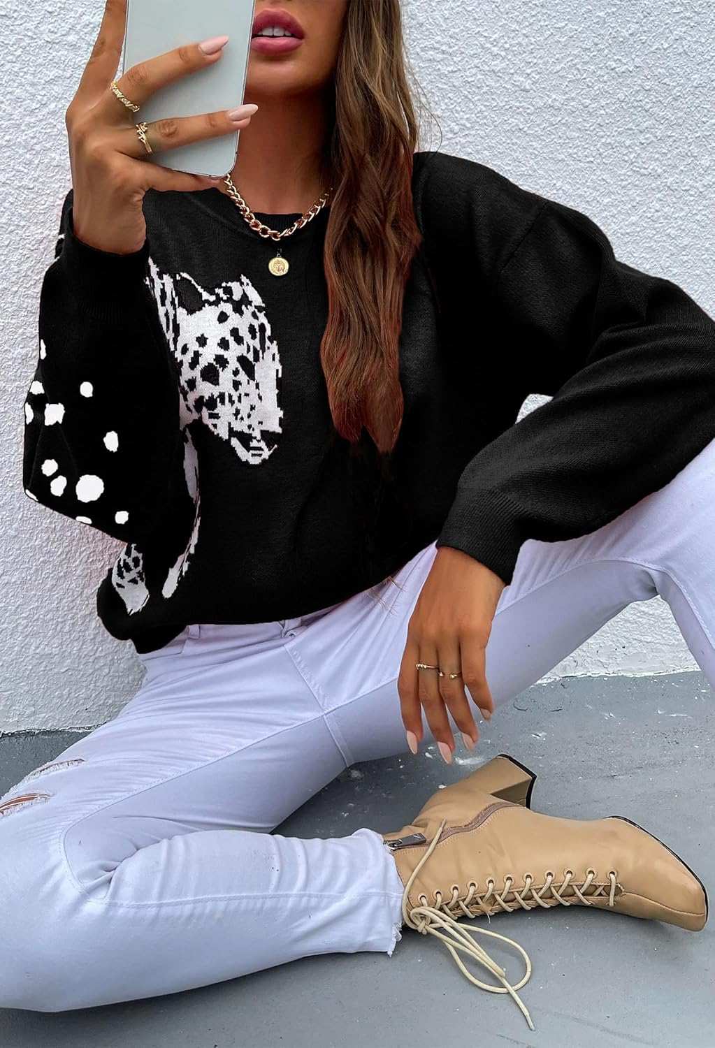 Angashion Women's Sweaters Casual Floral Printed Patchwork Long Sleeves Knitted Pullover Cropped Sweater Tops - Image 5