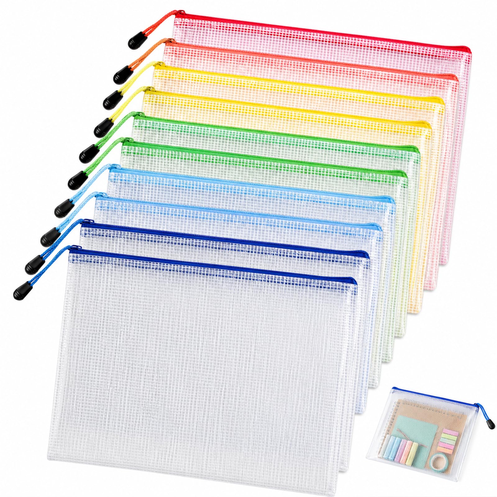 Solvind 10 Pack B8 Plastic Mesh Zipper Bags, Waterproof Zip File Folders, Small Document Storage Pouches for Office Home Travel Stationery Organisation, Multicolour