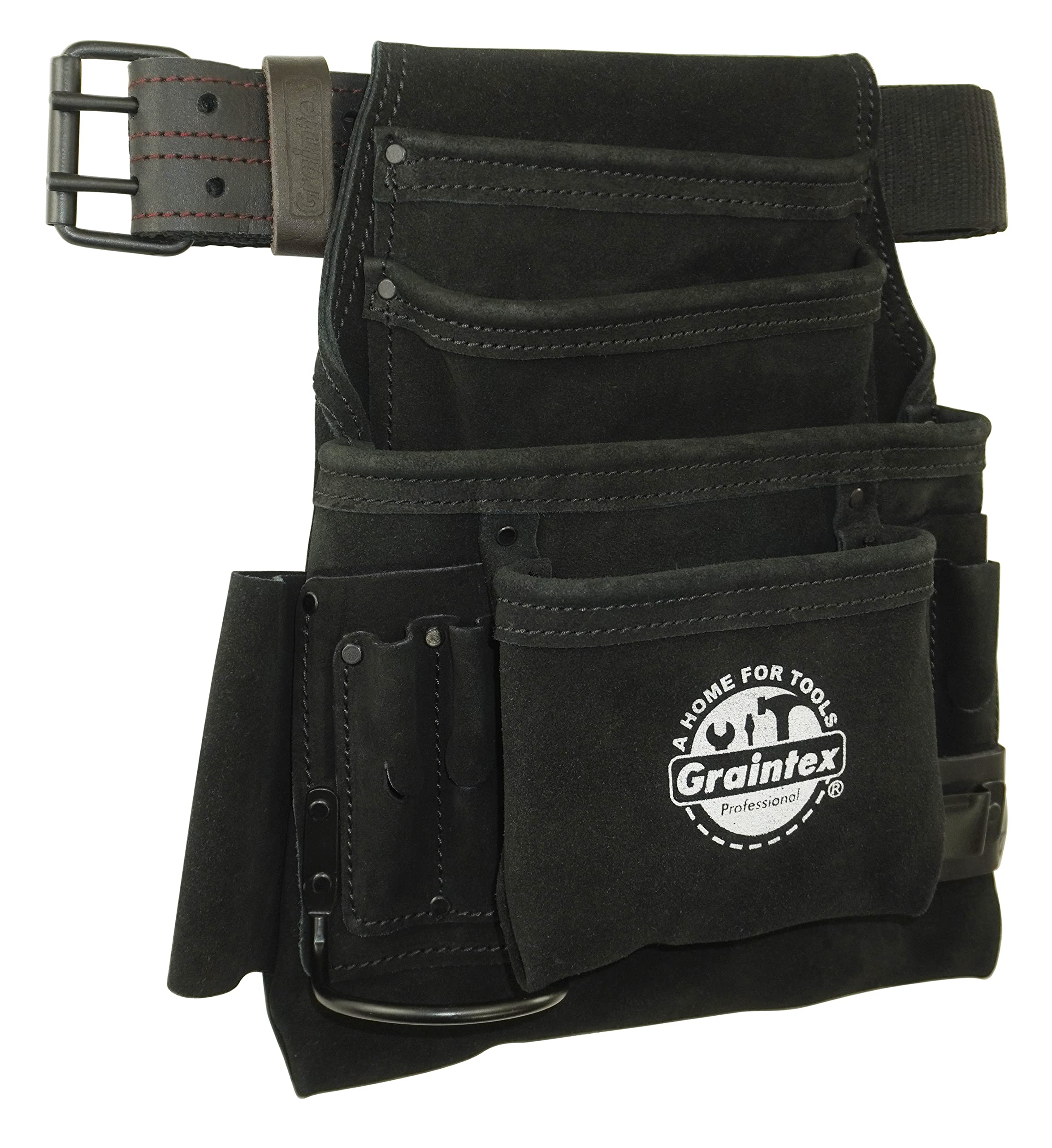 Graintex SS2680 - Bolsa de herramientas y clavos de 10 bolsillos, color negro, piel de ante de 2 pulgadas, cinturón de cincha para constructores, electricistas, fontaneros, manitas
