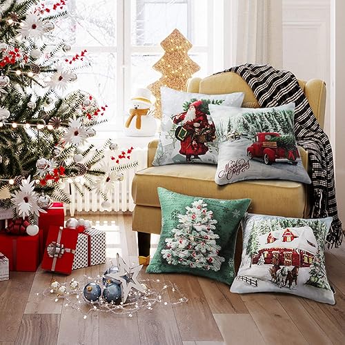 Miniatura 2 de Phantoscope Paquete de 4 fundas de almohada decorativas de terciopelo con diseño de árbol de Papá Noel y automóvil, color rojo y verde, 18 x 18