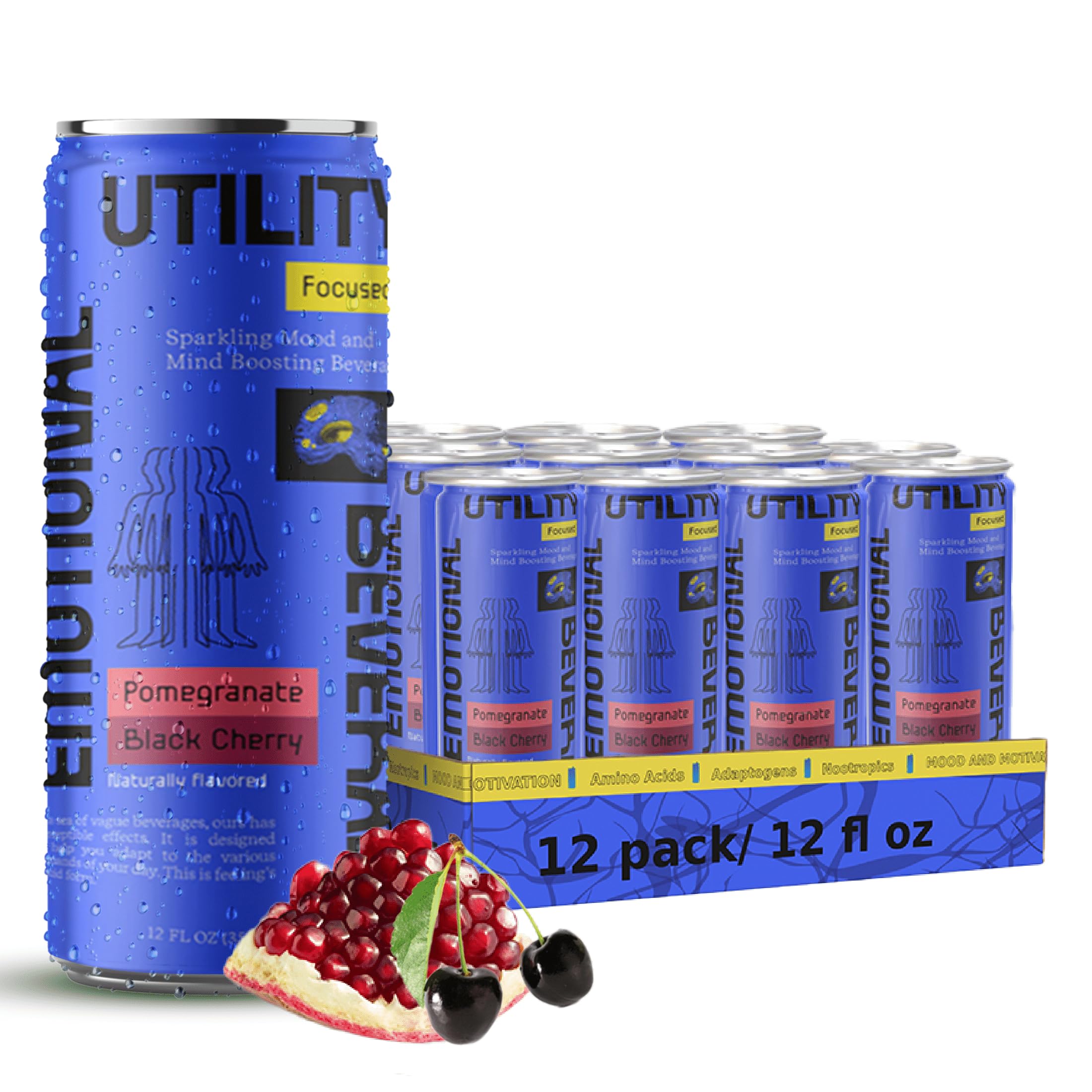 E.U.B Pomegranate Black Cherry Sparkling Beverage with Nootropics & Adaptogens, Motivation and Mood Support, 35mg Organic Green Tea Caffeine, 25 Calories per Can, 12oz Cans, (Pack of 12)