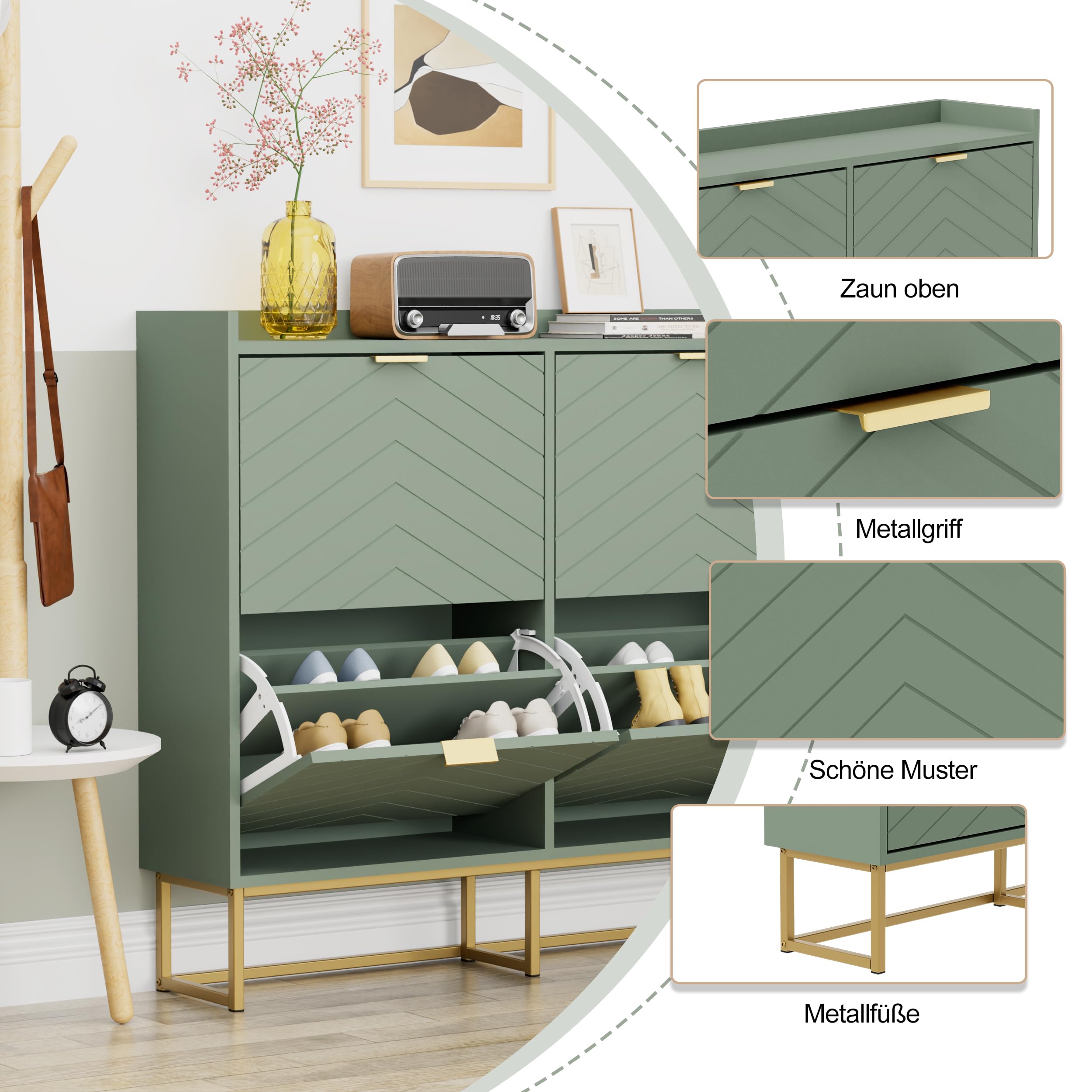 UEV Schuhschrank mit 4 Klappen Schmal,Freistehendes Schuhregal mit Kippschutz, Schuhkommode mit verstellbaren Trennwände, 98,5x24x103,5cm,Schuhablage Schrank für Flur Eingang und Wohnzimmer,Grün