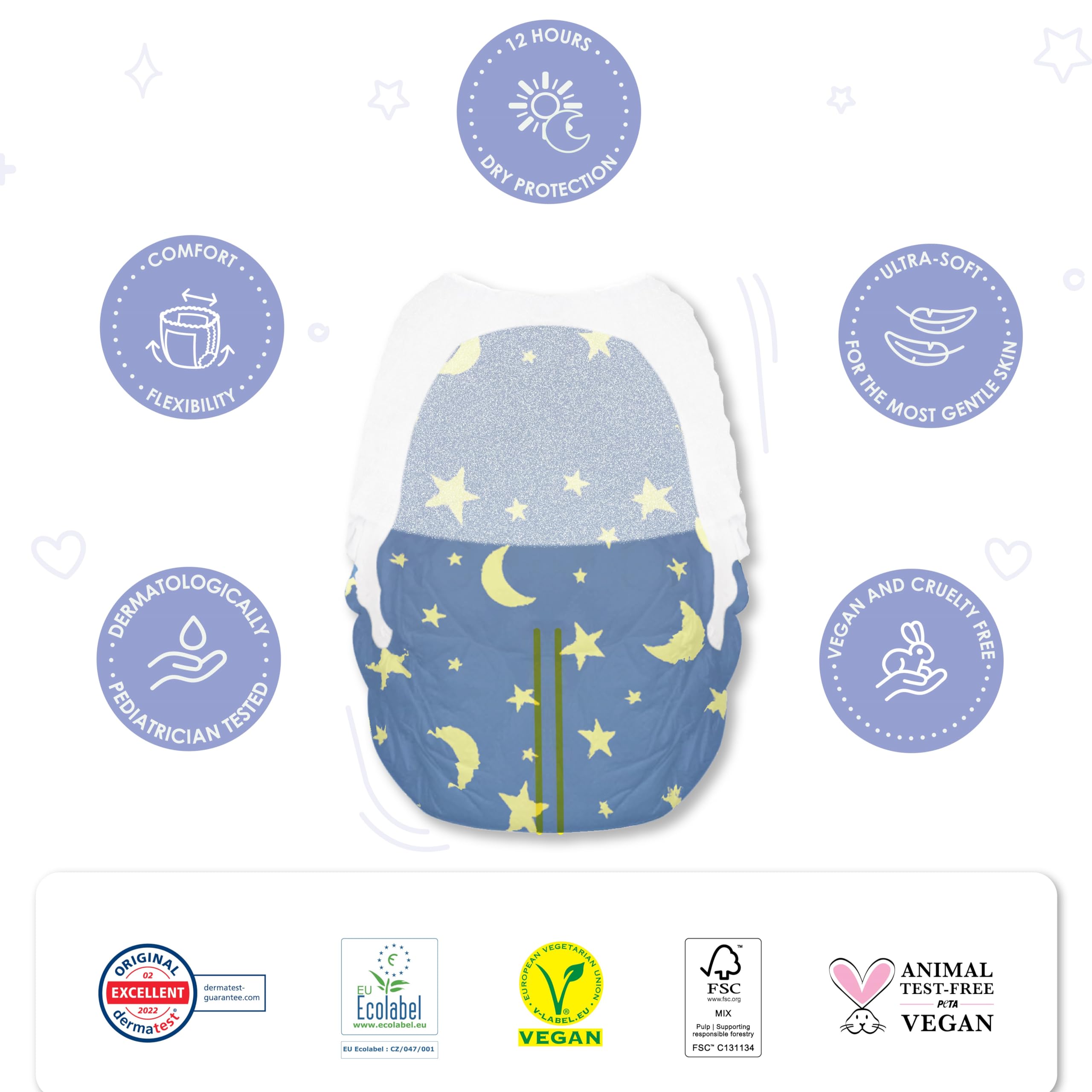 PureBorn Sweet Dreamer Pañales Braguitas de Noche, Talla 5 (12-17 kg), 60 Pañales, Protección Contra Fugas Durante la Noche, Absorción Extra, Confort en Seco, Indicador de Humedad