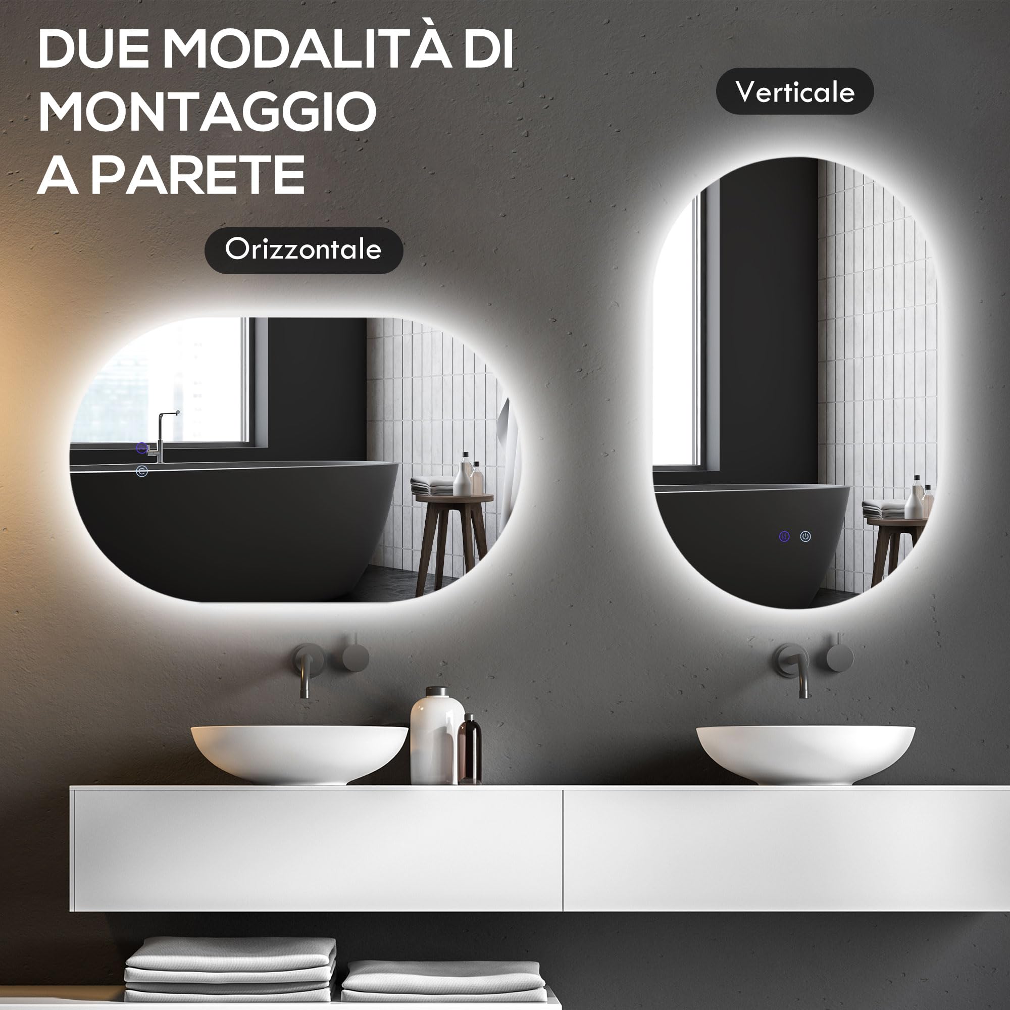 kleankin Specchio da Parete con Luce LED 81x51 cm, 3 Colori 3000-6500K, Luminosità Regolabile, Specchio Bagno Antiappannamento con Funzione Memoria, Interruttori Touch, IP44, Orizzontale/Verticale