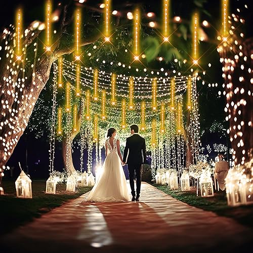 Miniatura 5 de Kwaiffeo Luces de carámbano blancas cálidas para exteriores, luces de lluvia de meteoritos de 16 tubos para Navidad, Acción de Gracias, Año Nuevo,