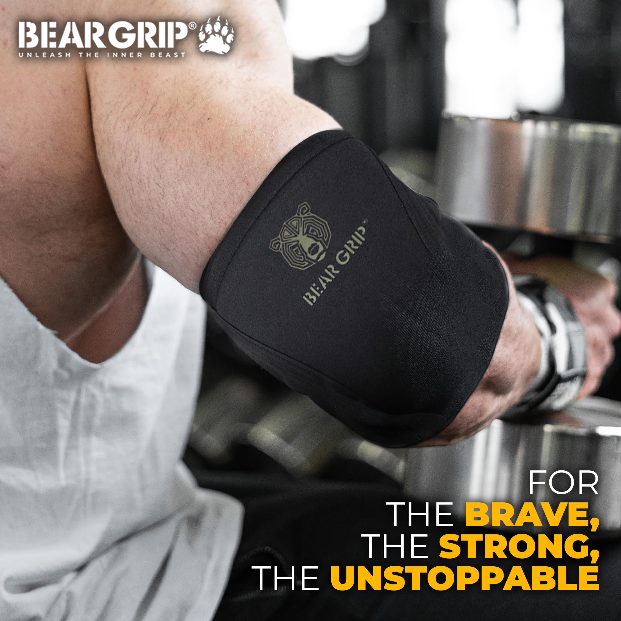 BEAR GRIP Manicotti a compressione per gomito, 7 mm, per sollevamento pesi, con fodera interna antiscivolo, per uomini e donne, ideali per allenamento di forza e fitness, nero/grigio, M