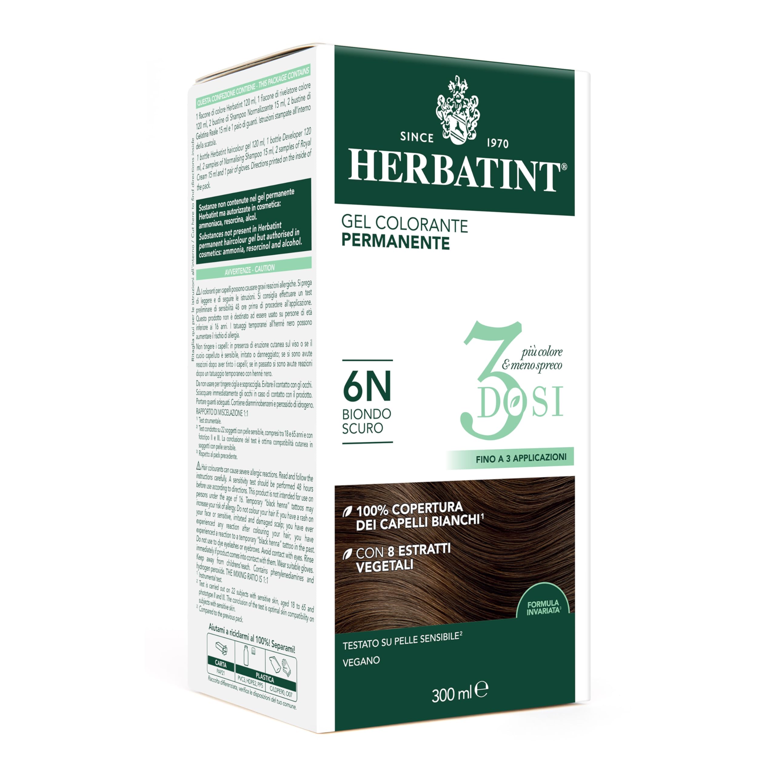 Herbatint Permanent Colour Gel 3 Cans 300ml - 6N Dark Blonde Ammonia Free for Sensitive Skin 100% Coverage for White Hair with 8 Natural Organic Extracts