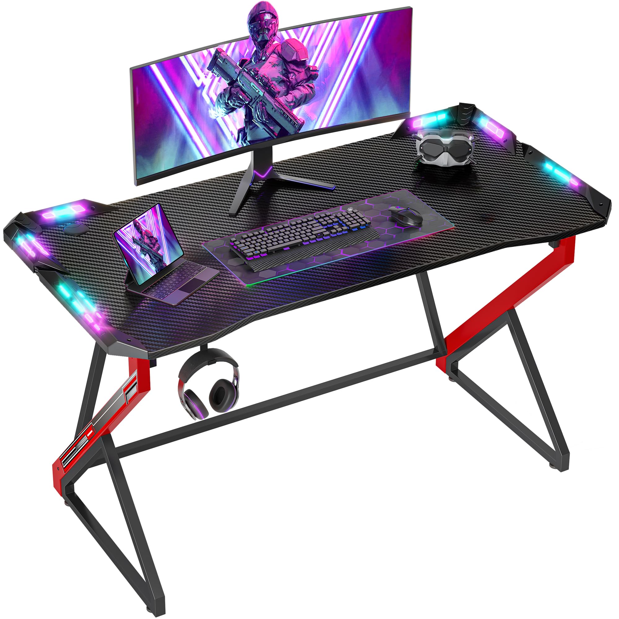 BEXEVUE Gaming Desk 47 inch with and LED Light, Computer Desk with Reversible Shelves and Storage Drawer, Small PC Desk for Home Office Table with Bag, Carbon Fiber Black