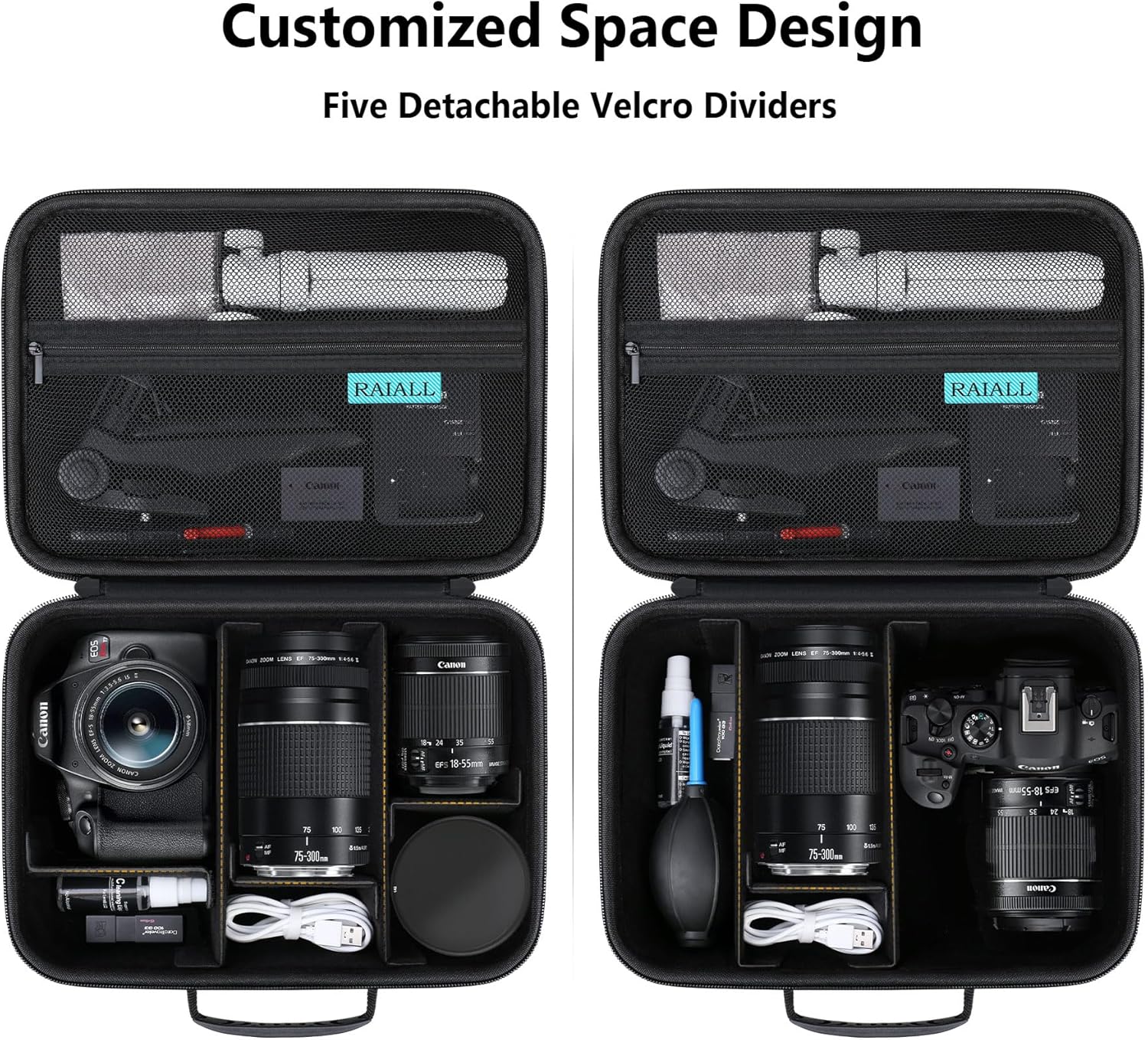 RAIALL Camera Case for Canon EOS Rebel T7/R50/R50V/R100/R6 Mark II/R5/ R8/R10/RP/R7/Sony/Nikon D7500 DSLR Camera, Lens, Tripod, Hard Protective Travel Bag with a Shoulder Strap and 5 Dividers, Black - Image 4