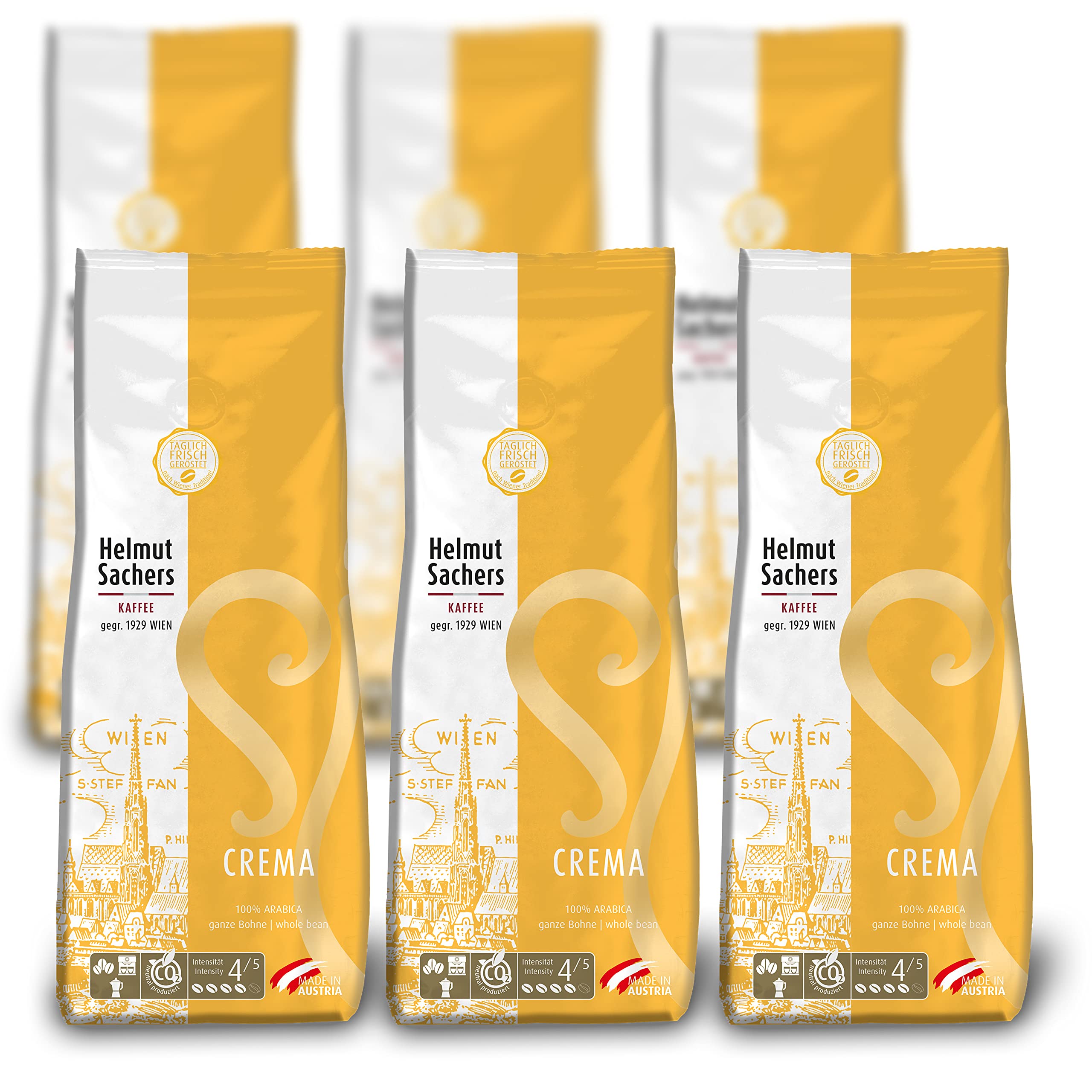 Helmut Sachers Kaffee - Crema, intensywność 4/5, 100% Arabica, całe ziarna kawy, 6 x 500 g