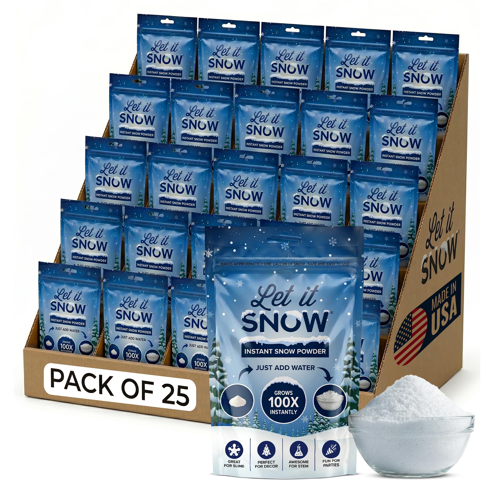 Let it Snow Poudre de neige artificielle instantanée – Fabriquée aux États-Unis, parfaite pour les enfants, les décorations de vacances, les jeux sensoriels – Lot de 25 – Fait de la neige de 80 litres