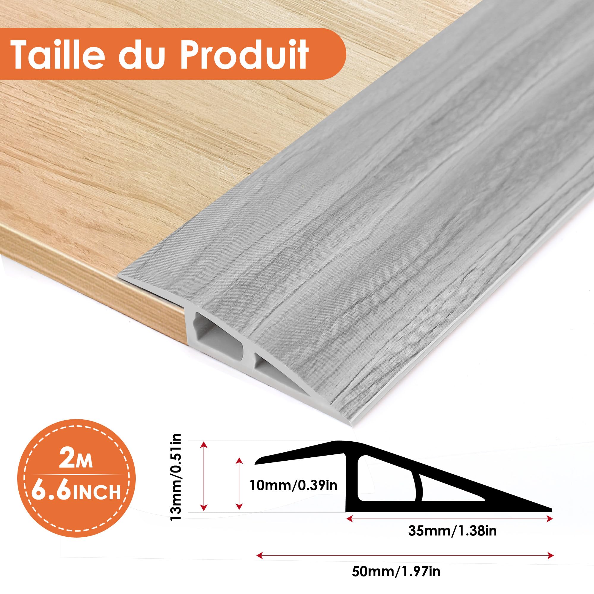 2M Barre de Seuil Adhesive de Porte en PVC, Bandes de Transition Sol Rampe de Seuil Pente de Seuil, 10mm, pour des Hauteurs de 7-10mm(Grain de Bois Gris)